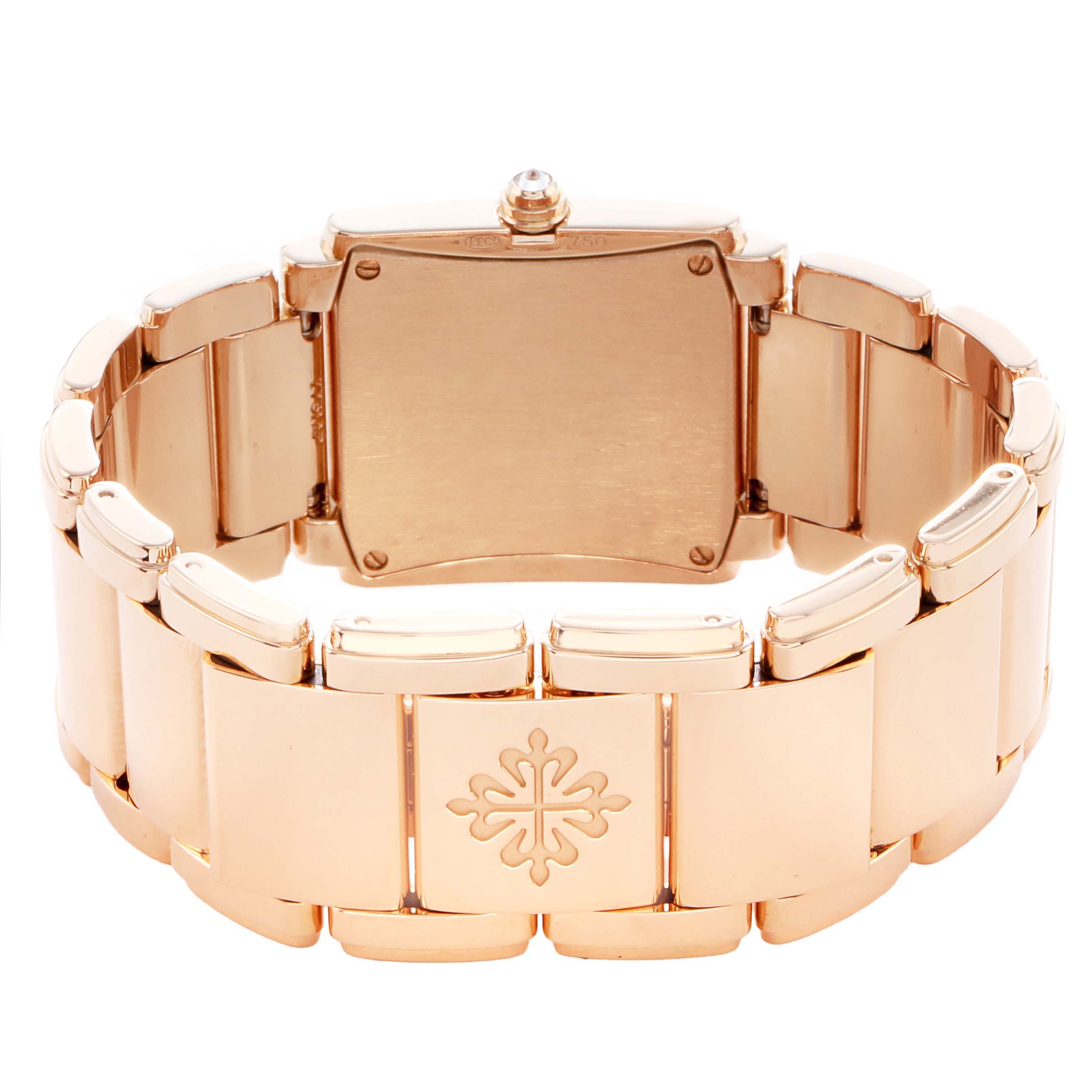 The image shows the back view of a Patek Philippe Twenty-4 4910R Women
s Rose Gold Silver Dial watch, highlighting the bracelet and case back.