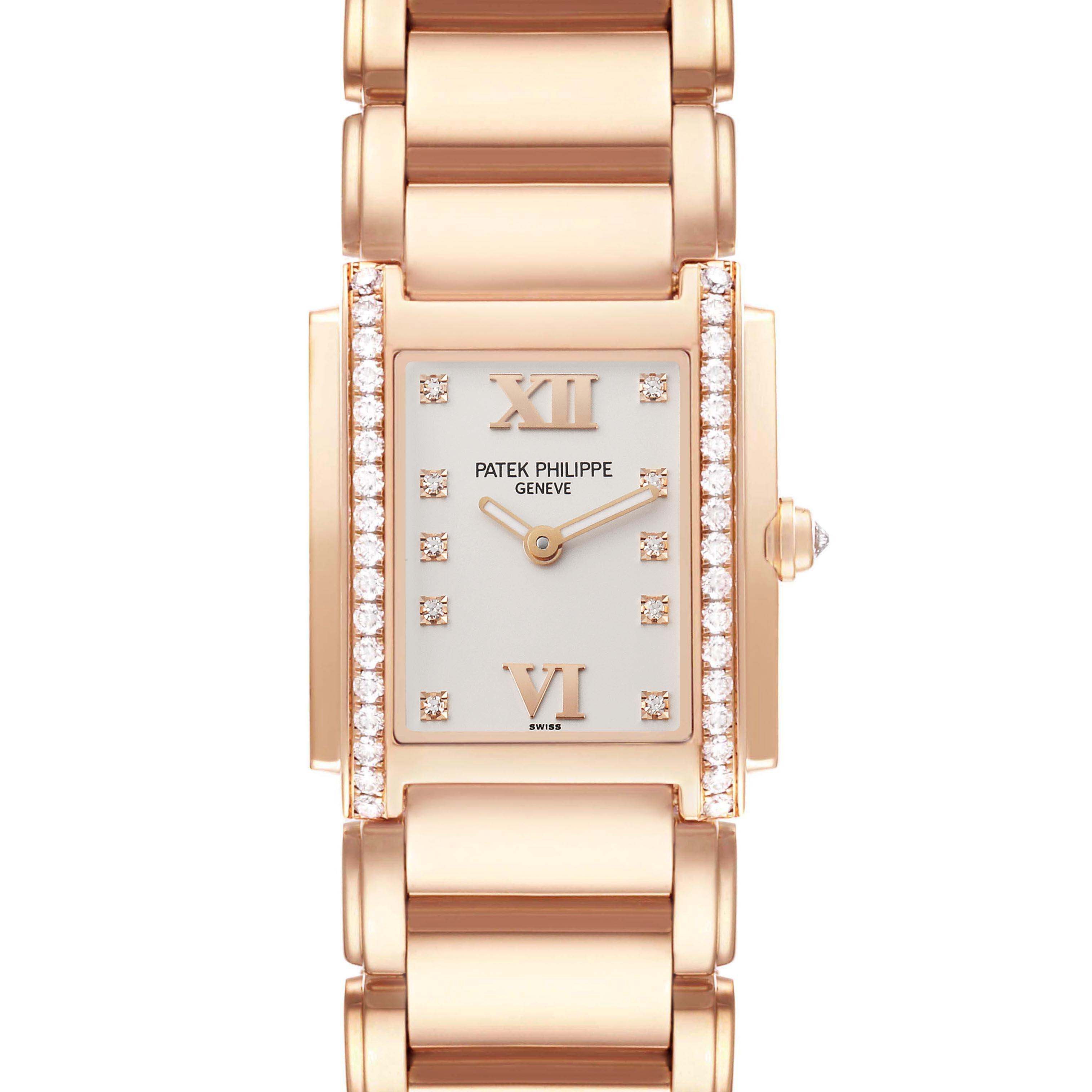 The Patek Philippe Twenty-4 4910R Women
s Rose Gold Silver Dial watch is shown from a top view, highlighting the rectangular face, bracelet, and diamond embellishments.