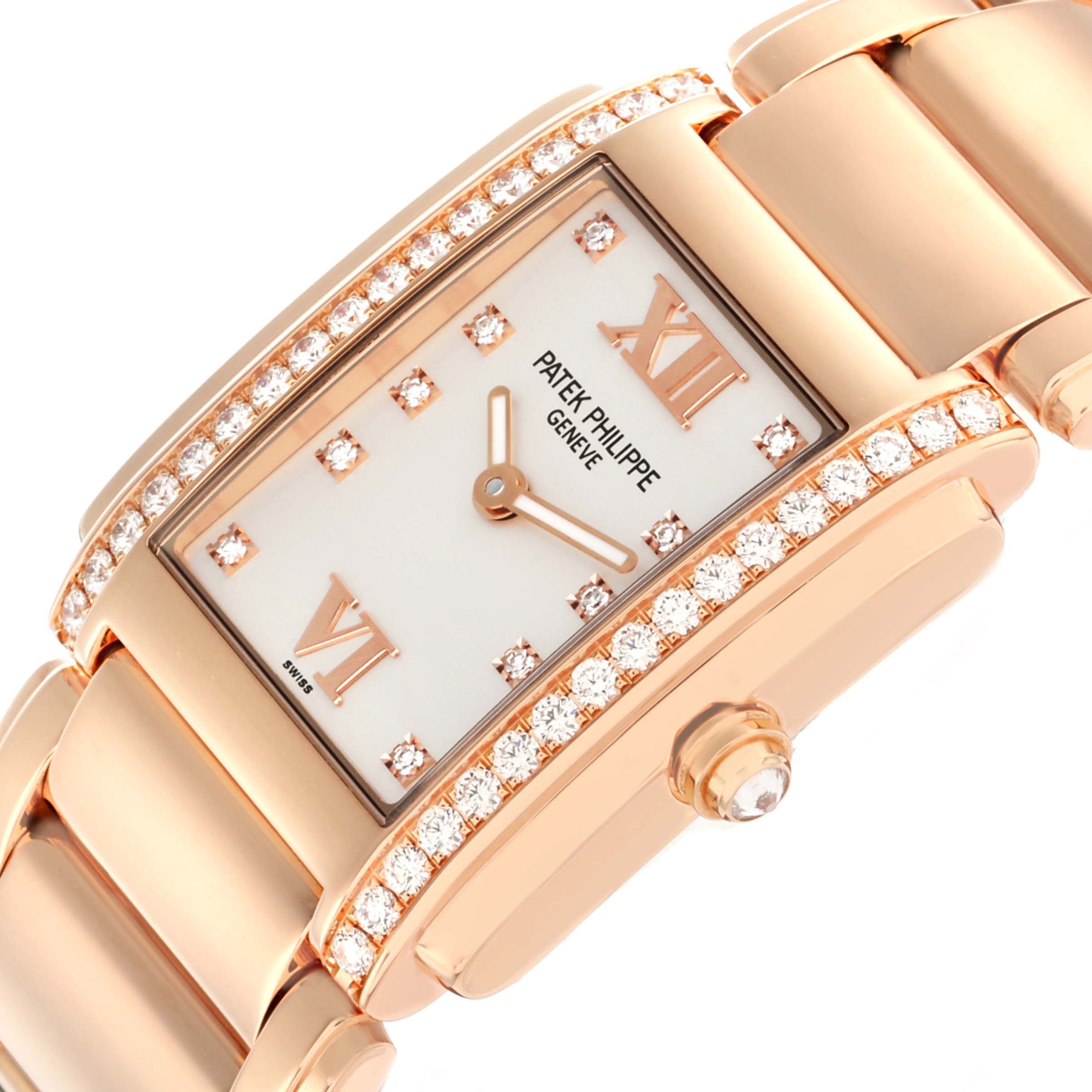 The Patek Philippe Twenty-4 4910R Women
s Rose Gold Silver Dial watch is shown at an angled view, highlighting the diamond-set bezel, crown, and part of the bracelet.