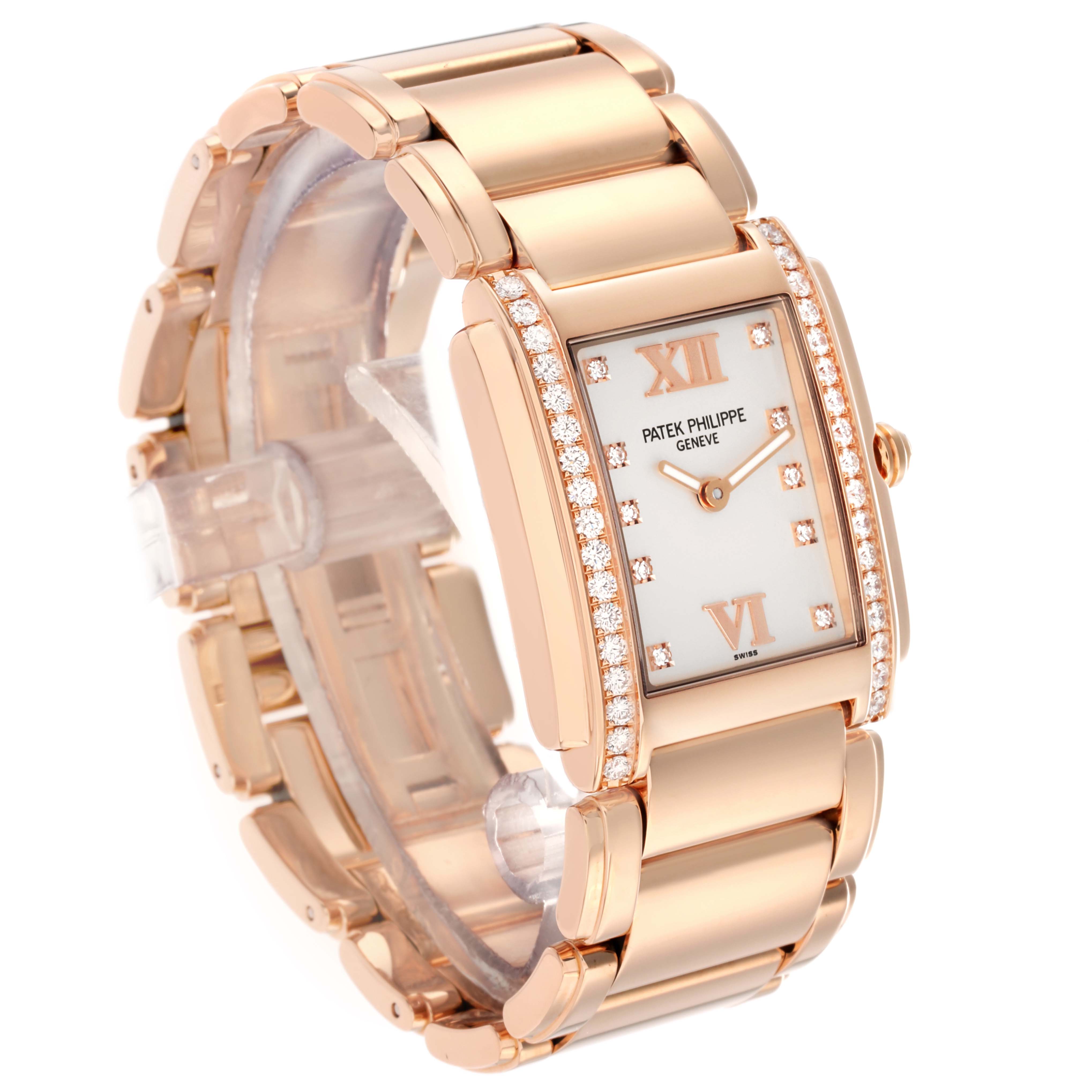 The Patek Philippe Twenty-4 4910R Women
s Rose Gold Silver Dial watch is shown at a three-quarter angle, displaying the face, bezel, crown, and bracelet.