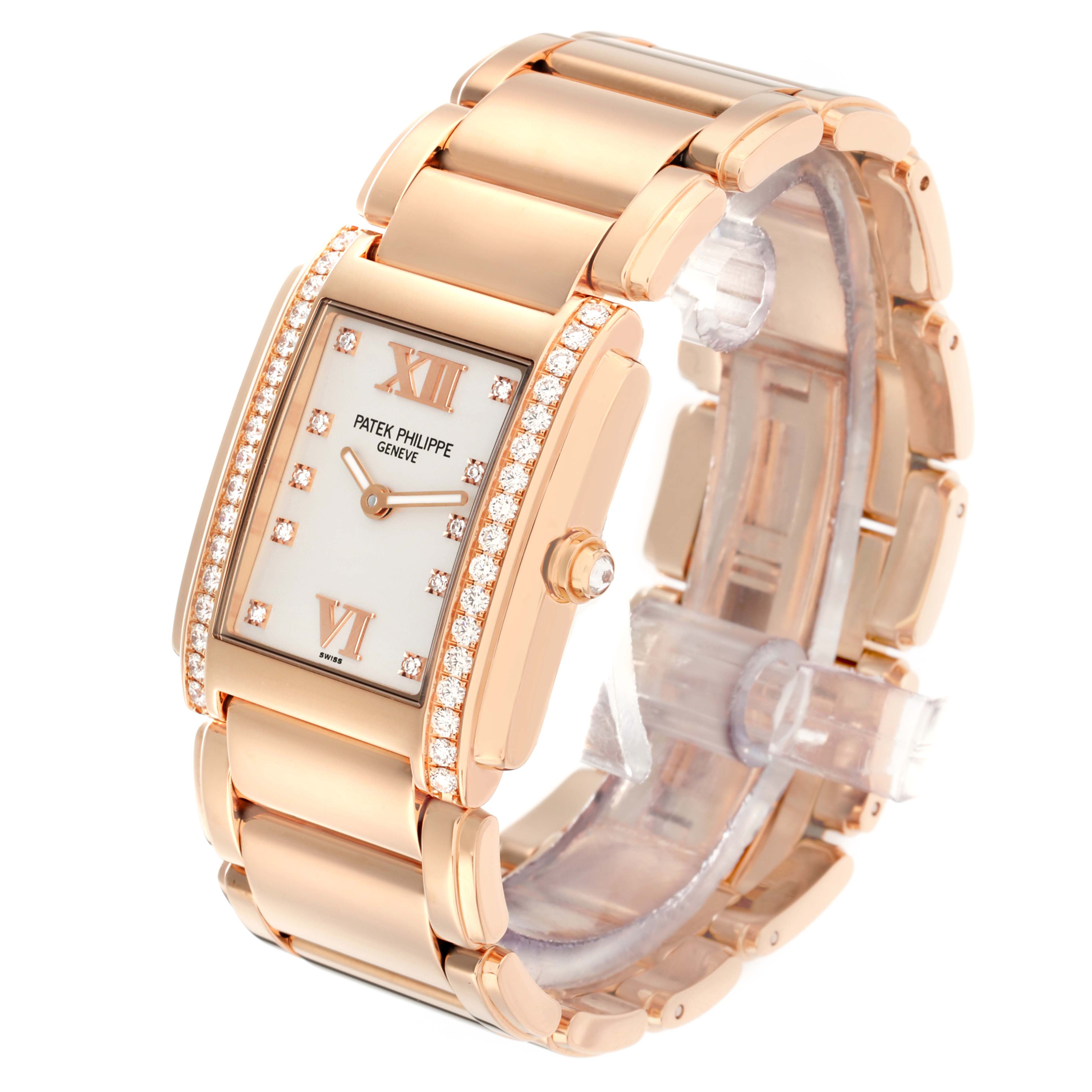 The image shows a side angle of the Patek Philippe Twenty-4 4910R Women
s Rose Gold Silver Dial watch, highlighting the case, dial, crown, and bracelet with diamond accents.