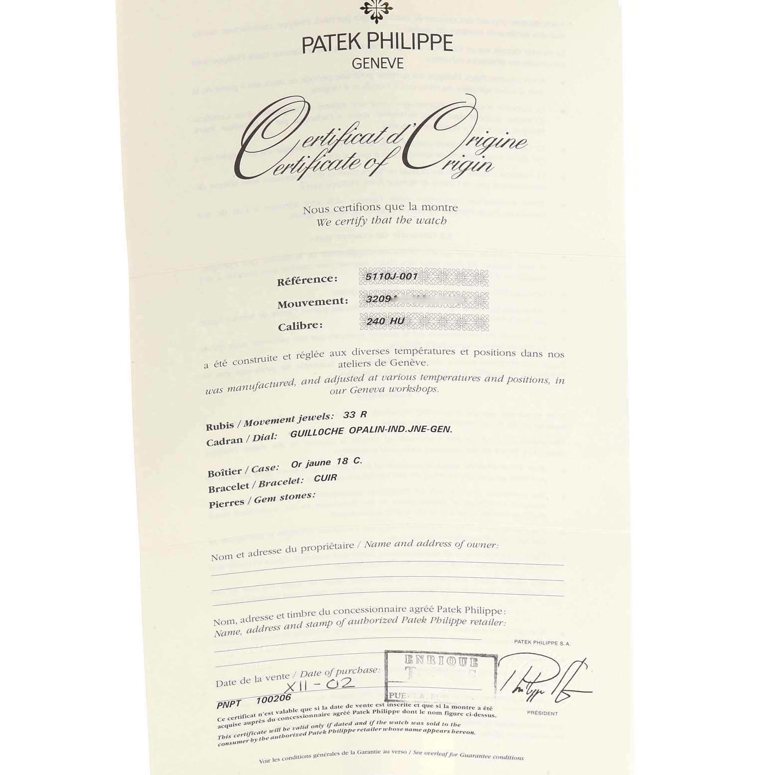 This image shows a Certificate of Origin for the Complications model by Patek Philippe, detailing the reference, movement, and other specifications.