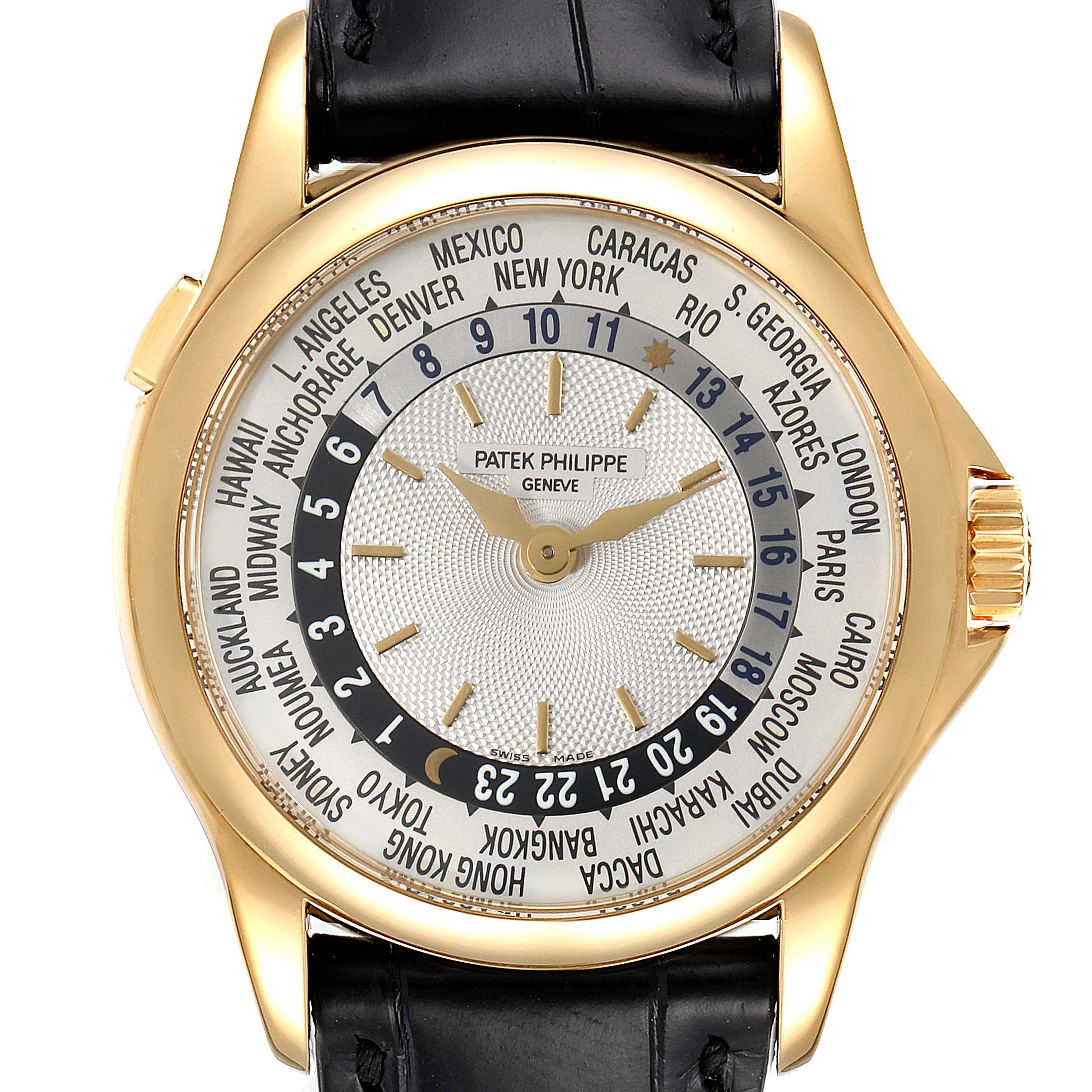 The image shows a front view of the Patek Philippe Complications 5110J Men's Yellow Gold Silver Dial 5110J Men's Yellow Gold Silver Dial model, highlighting the dial, world time zones, and gold casing.