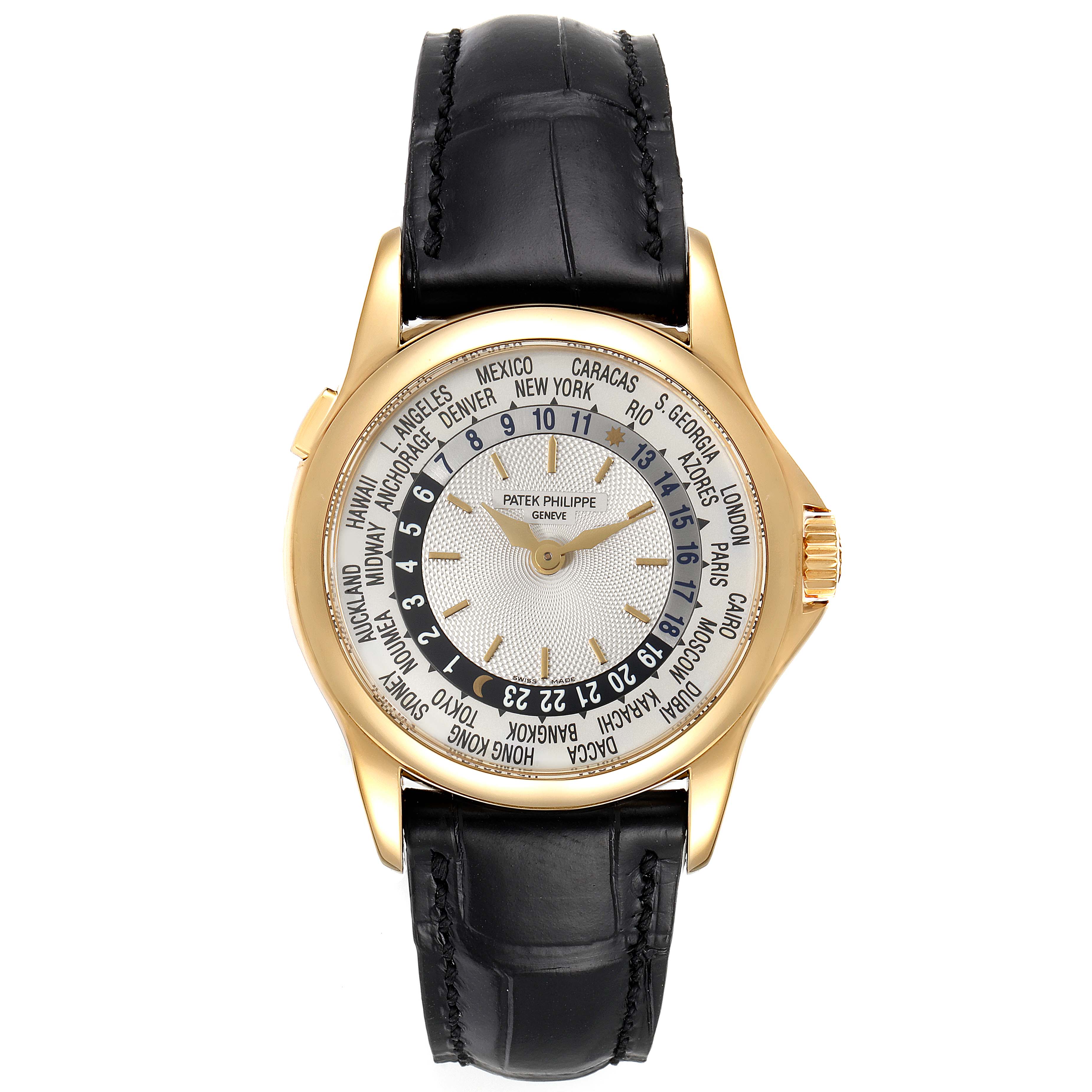 This image shows a Patek Philippe Complications 5110J Men's Yellow Gold Silver Dial 5110J Men's Yellow Gold Silver Dial model watch from a top-down angle, highlighting its face, bezel, and black leather strap.