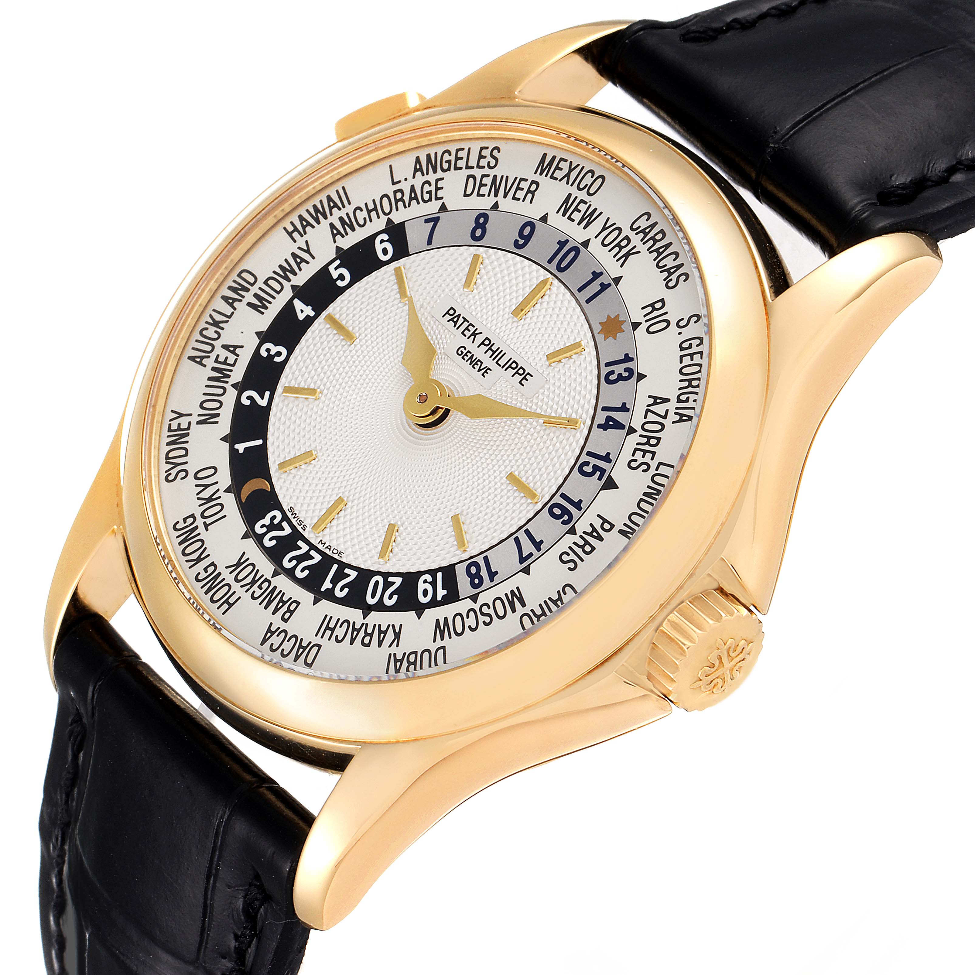 This is a close-up, angled view of the Patek Philippe Complications 5110J Men's Yellow Gold Silver Dial 5110J Men's Yellow Gold Silver Dial watch showing the dial, case, crown, and part of the strap.