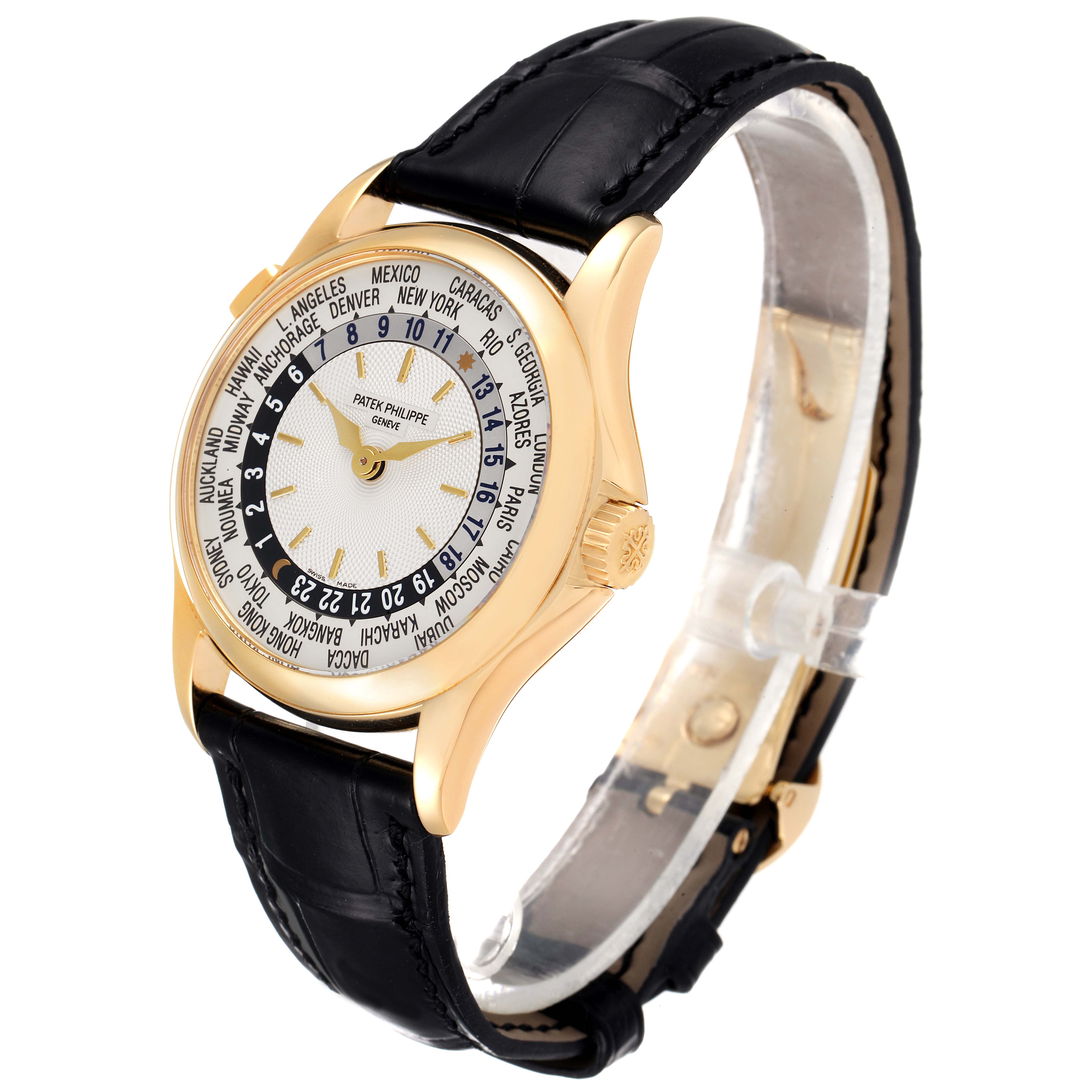 This image shows a side angle of the Patek Philippe Complications 5110J Men's Yellow Gold Silver Dial 5110J Men's Yellow Gold Silver Dial watch, highlighting the dial, case, and leather strap.