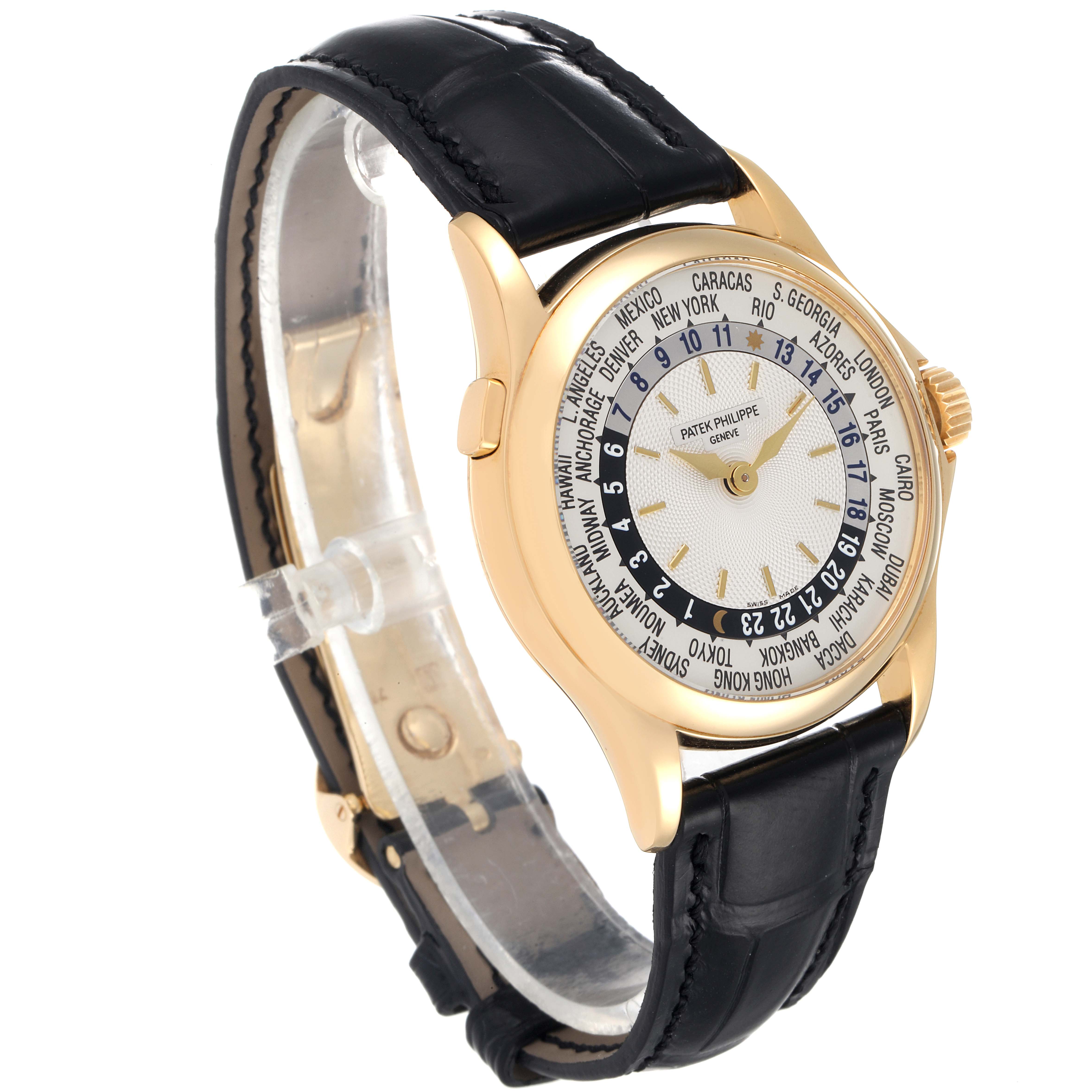 The image shows a side-front angle of the Patek Philippe Complications 5110J Men's Yellow Gold Silver Dial 5110J Men's Yellow Gold Silver Dial watch, highlighting its gold case, dial, and black leather strap.