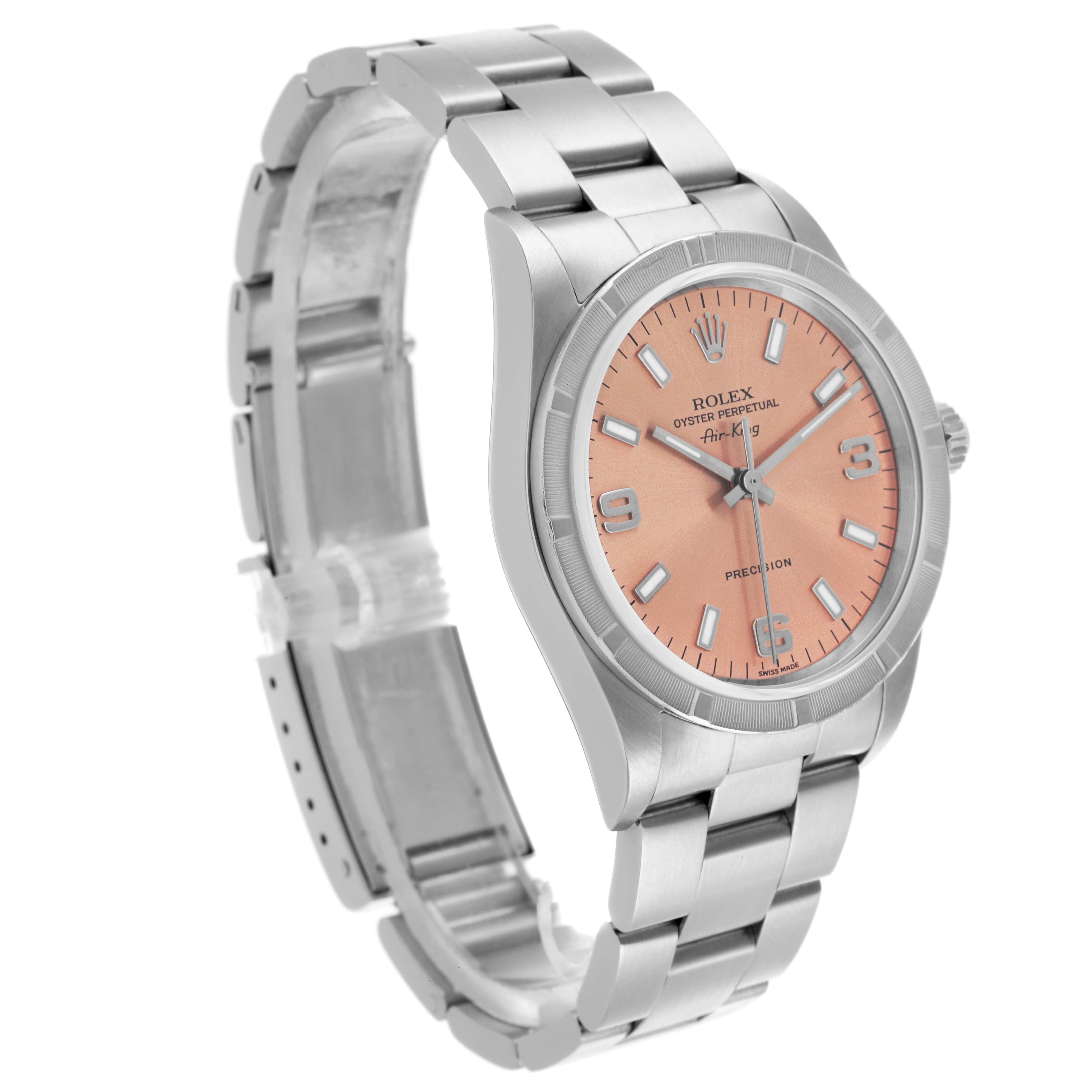 The Rolex Air-King 14010M Men's Stainless Steel Pink Dial 14010M Men's Stainless Steel Pink Dial watch is shown at an angle highlighting the bracelet, bezel, and salmon dial.