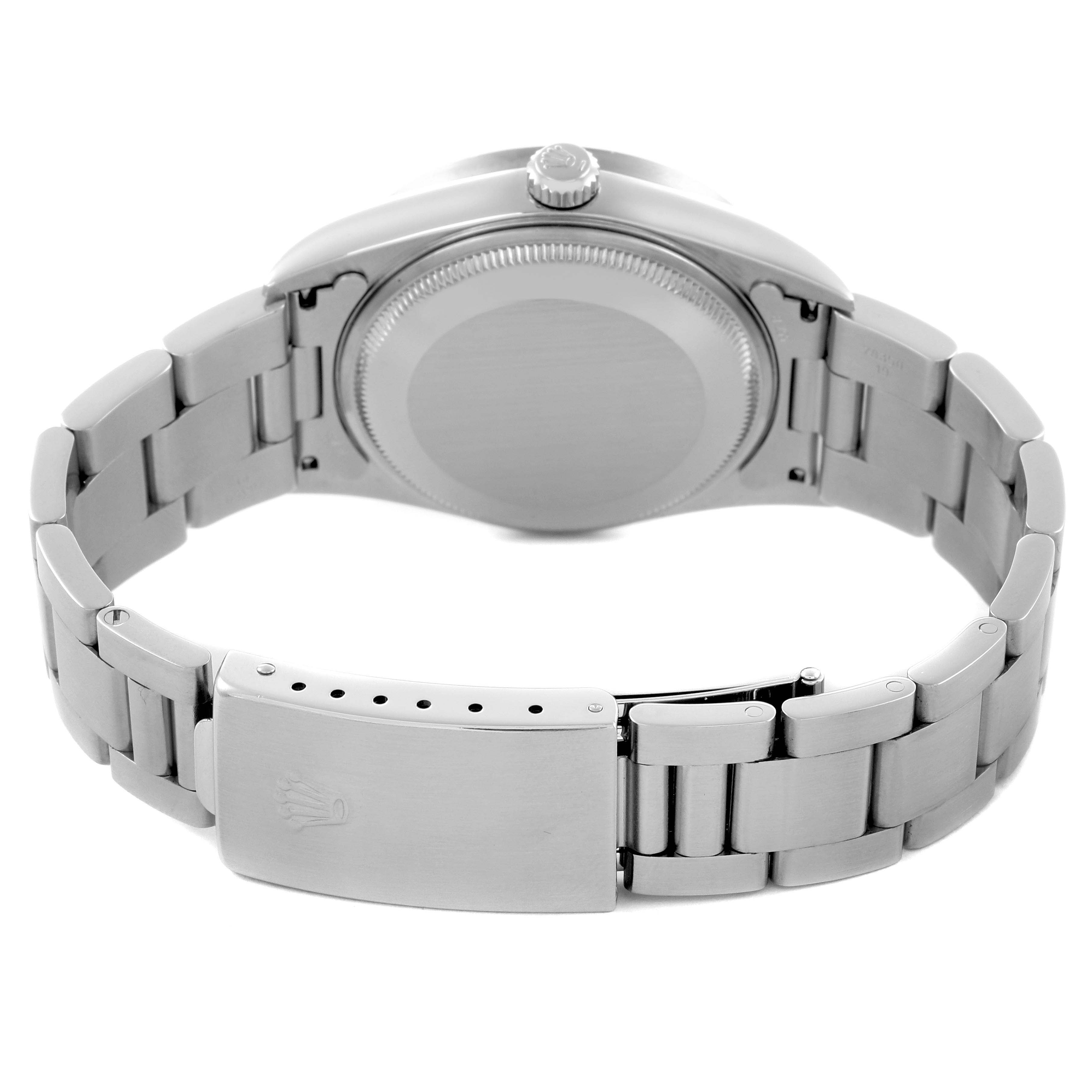 The image shows the back of the Rolex Air-King 14010M Men's Stainless Steel Pink Dial 14010M Men's Stainless Steel Pink Dial with a focus on the case back and clasp.