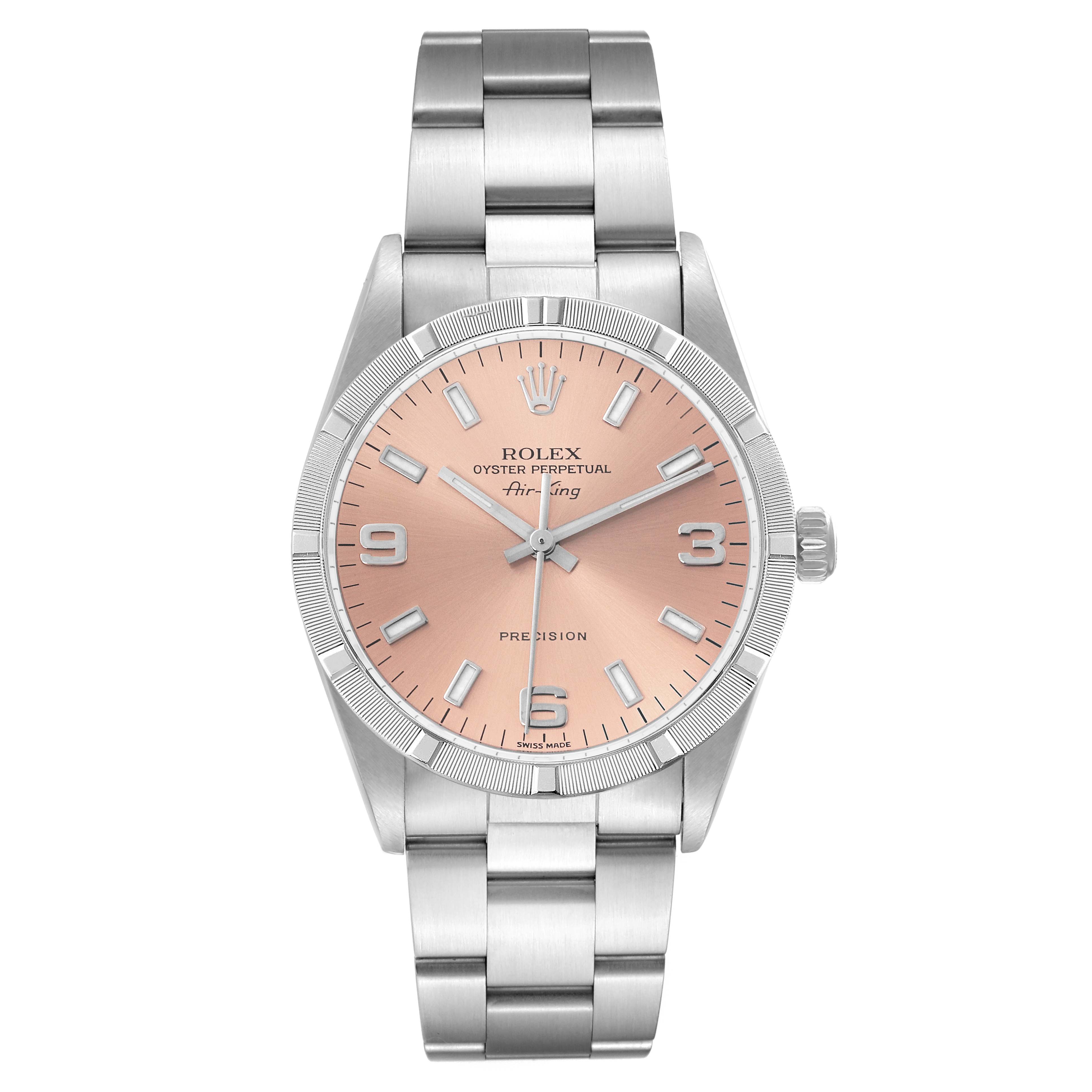 The Rolex Air-King 14010M Men's Stainless Steel Pink Dial 14010M Men's Stainless Steel Pink Dial watch is shown from the front, displaying the face, bezel, crown, and bracelet.