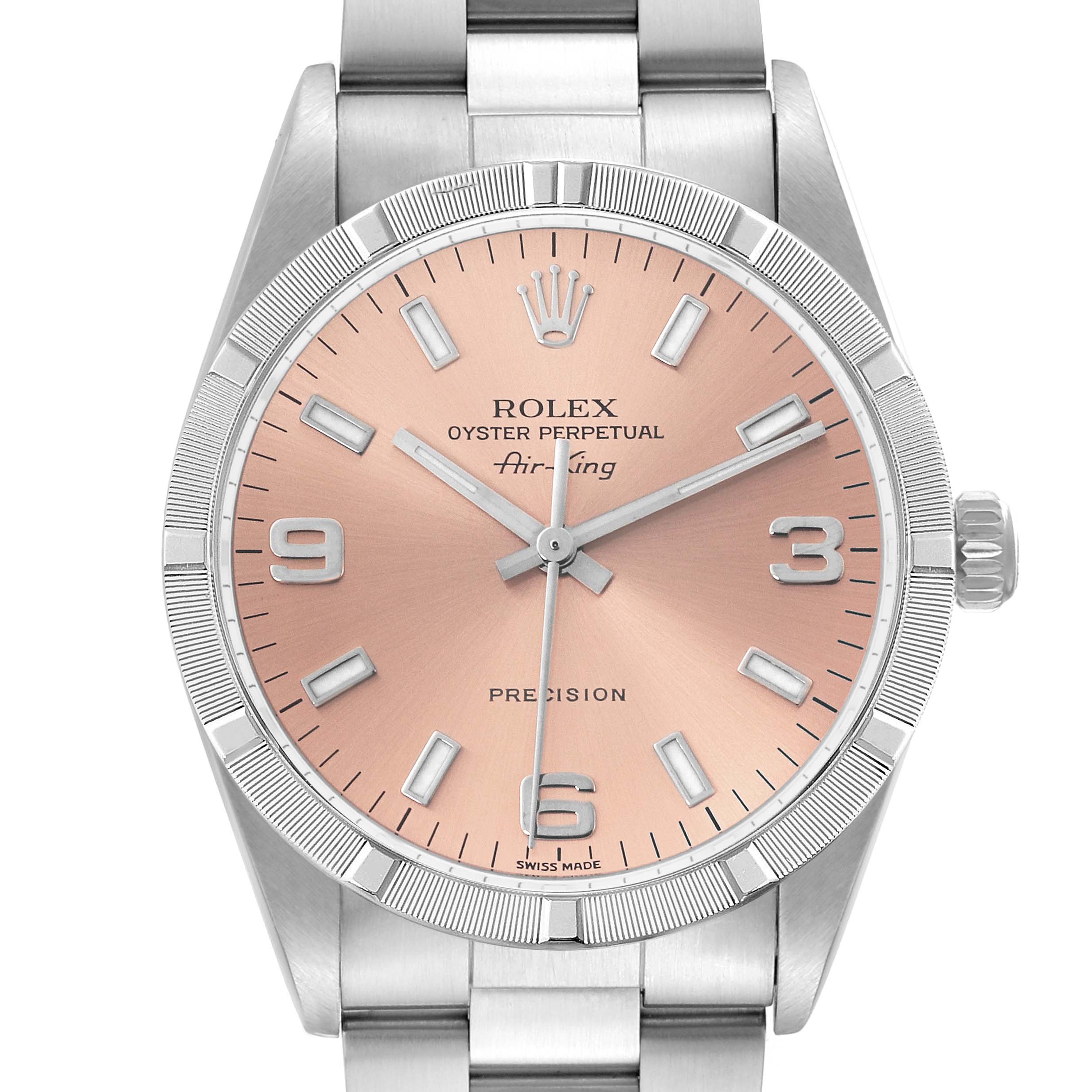 The Rolex Air-King 14010M Men's Stainless Steel Pink Dial 14010M Men's Stainless Steel Pink Dial watch is shown from a front angle, highlighting the dial, bezel, and part of the bracelet.