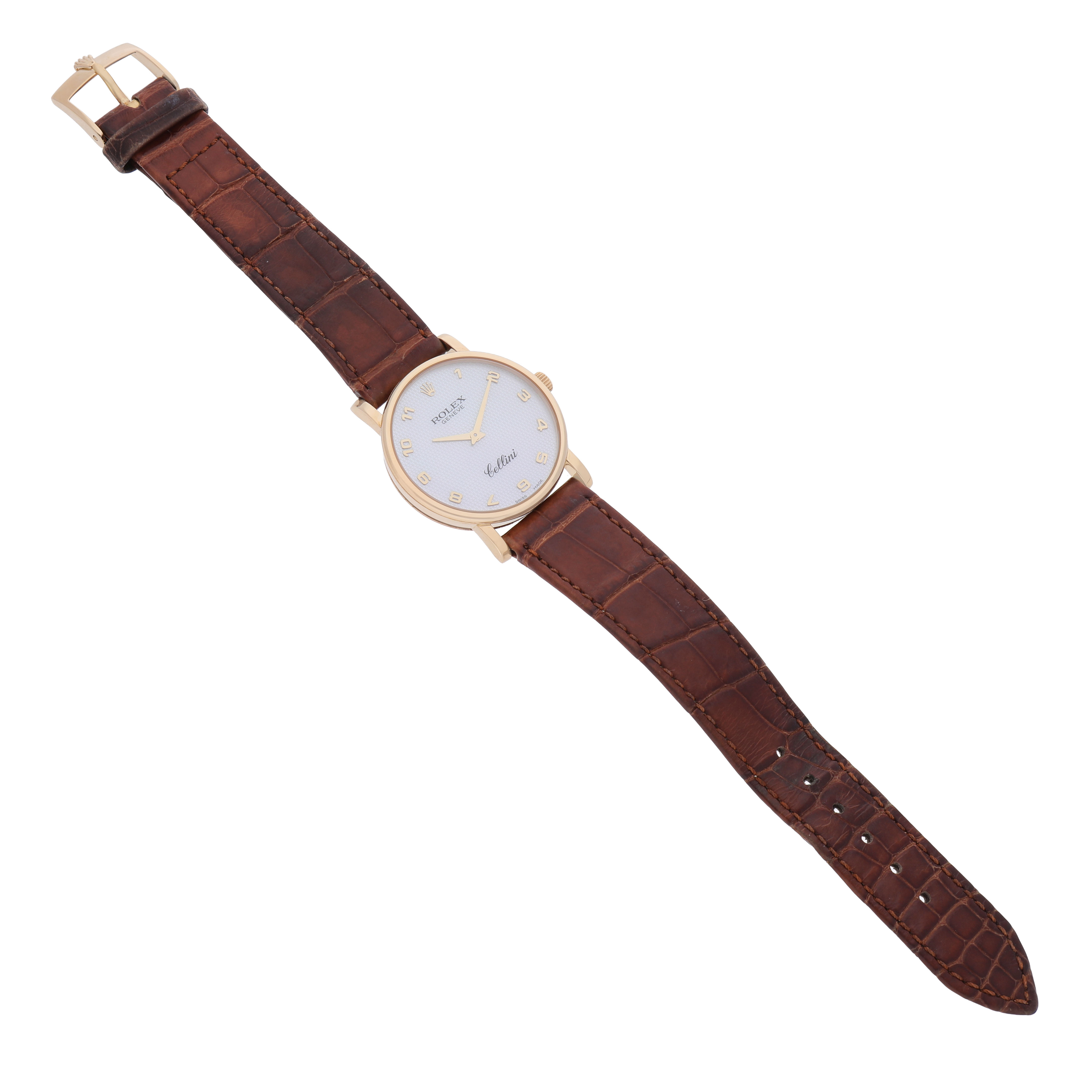 The Rolex Cellini 5115/8 Men's Yellow Gold Mother of Pearl Dial watch is shown from above, displaying its round dial and leather strap fully extended.