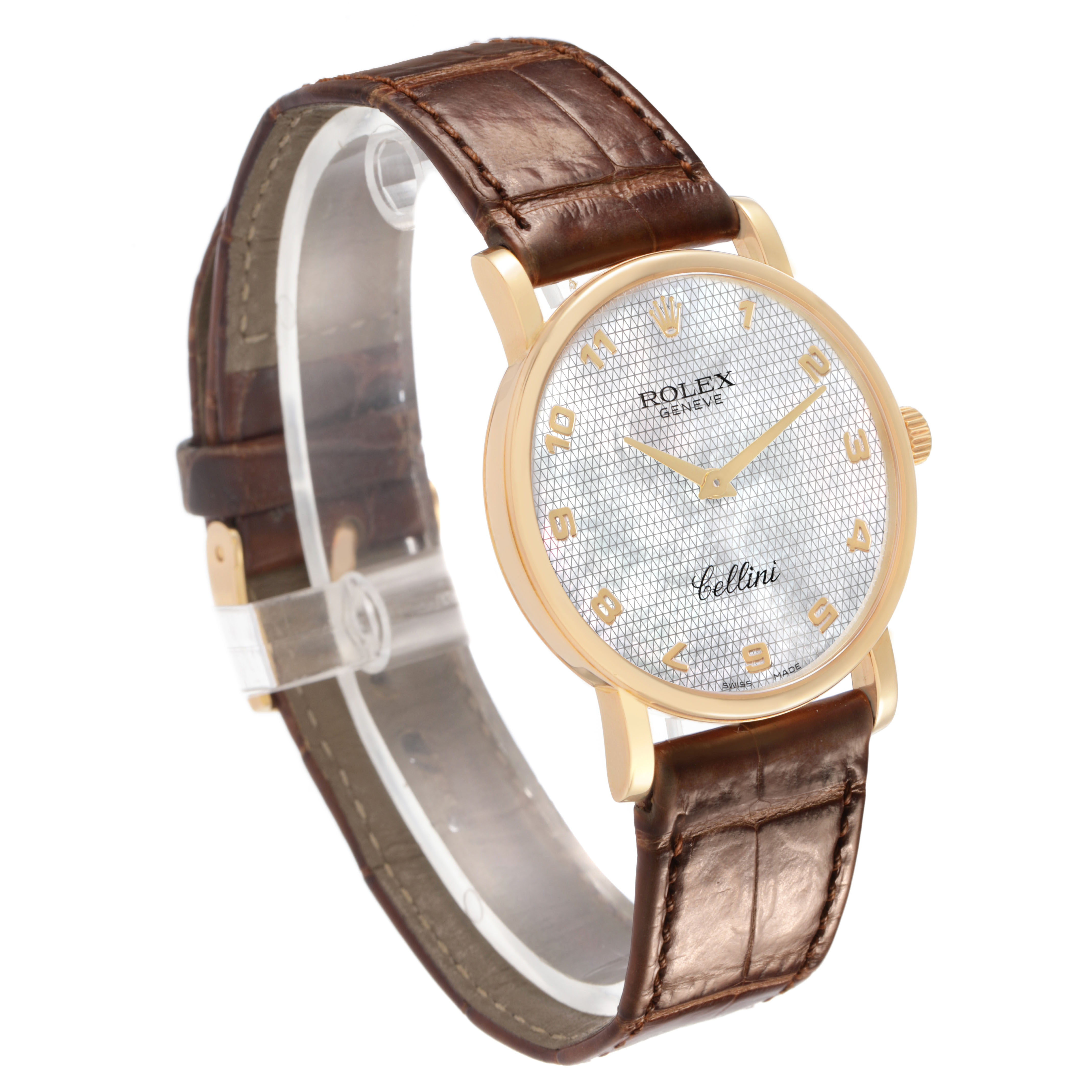 The Rolex Cellini 5115/8 Men's Yellow Gold Mother of Pearl Dial watch is shown from a front-side angle, displaying the dial, case, crown, and leather strap.