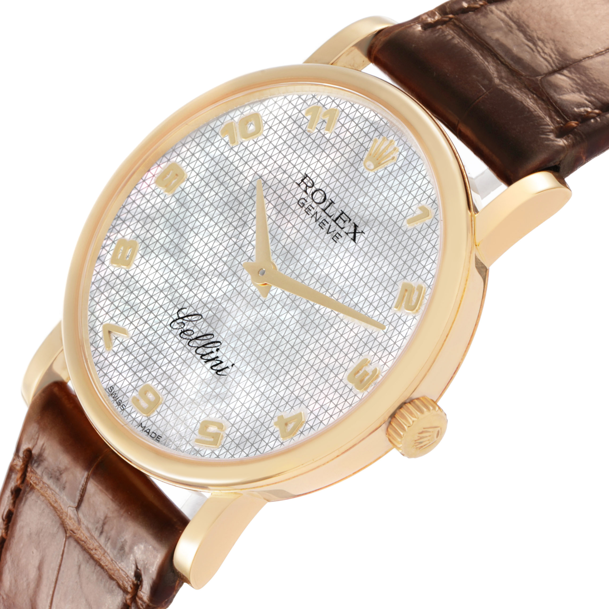 The Rolex Cellini 5115/8 Men's Yellow Gold Mother of Pearl Dial watch is shown at a slight angle, highlighting its face, case, crown, and leather strap.