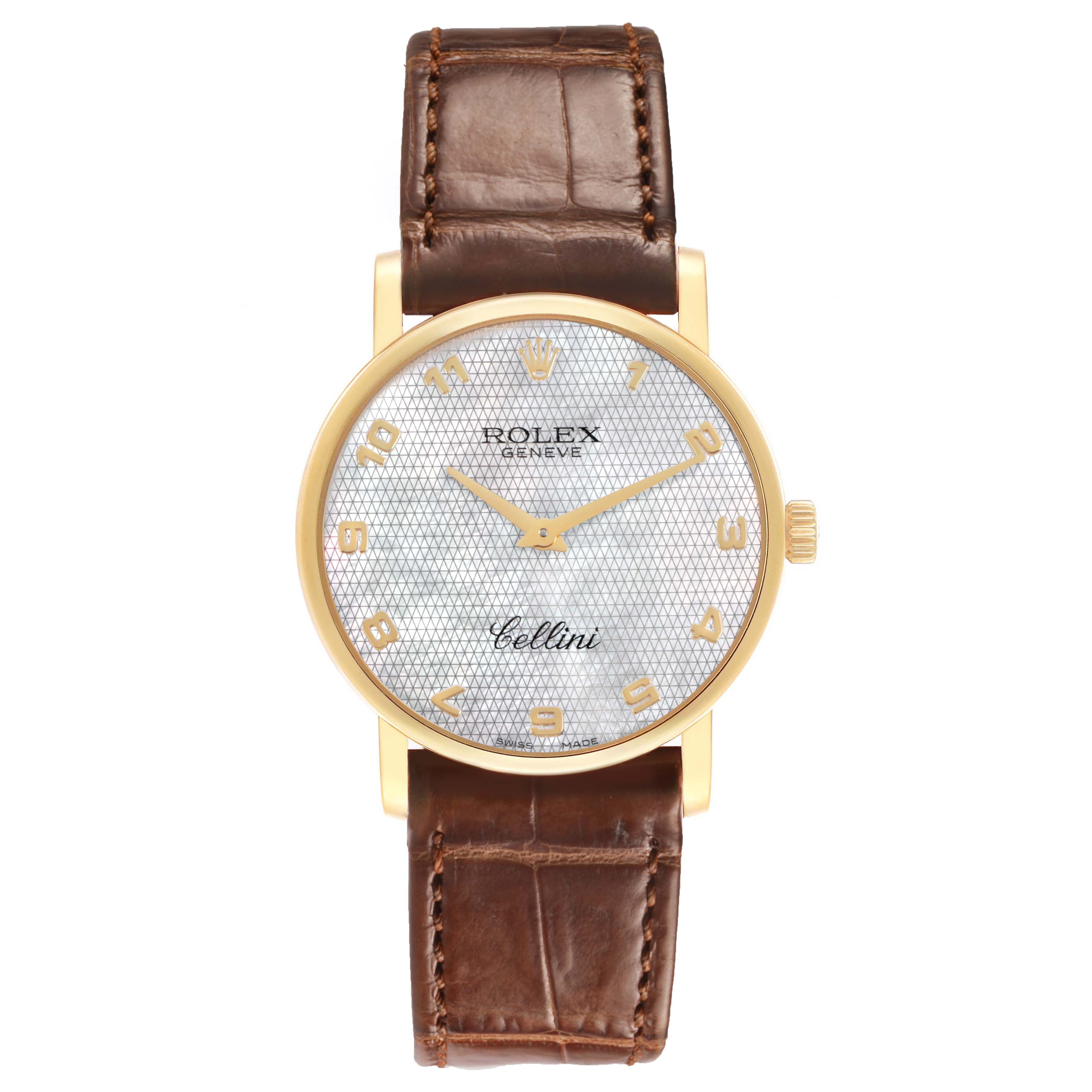 The Rolex Cellini 5115/8 Men's Yellow Gold Mother of Pearl Dial watch is shown from the front, displaying the face, case, crown, and brown leather strap.
