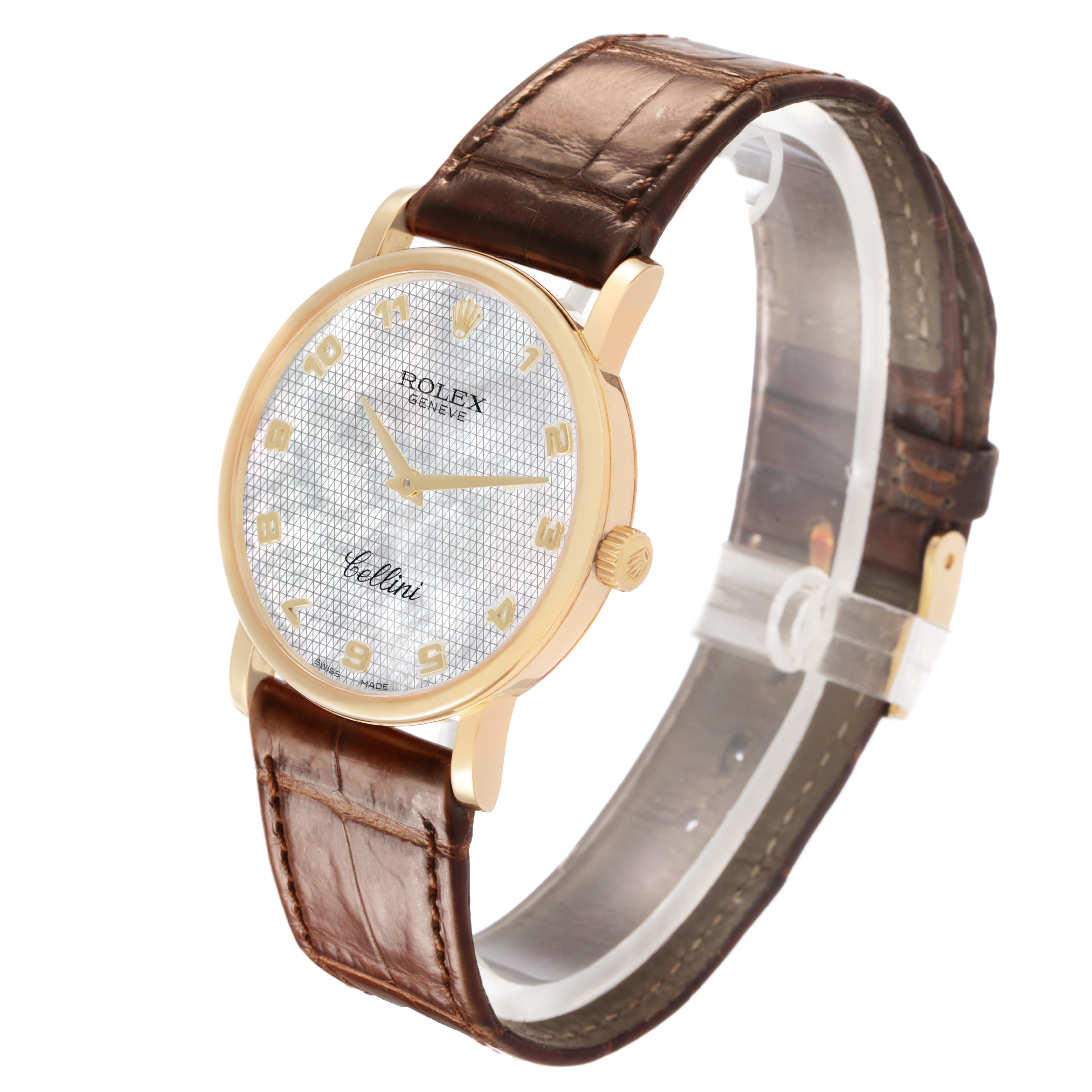 The Rolex Cellini 5115/8 Men's Yellow Gold Mother of Pearl Dial watch is shown at a side angle, highlighting its dial, gold case, and brown leather strap.