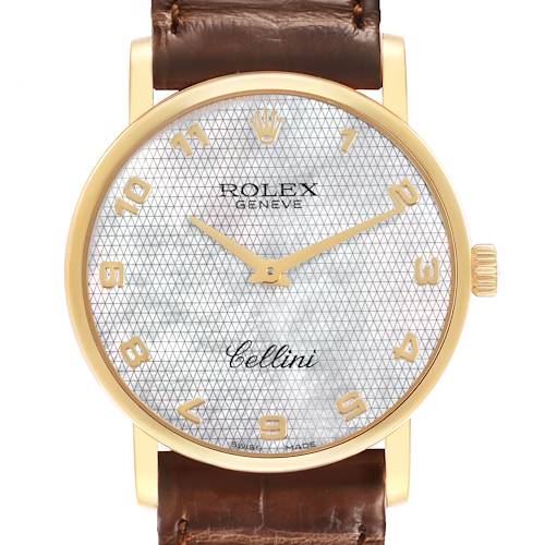 The Rolex Cellini 5115/8 Men's Yellow Gold Mother of Pearl Dial watch is shown from the front, highlighting the dial, hands, crown, and part of the leather strap.