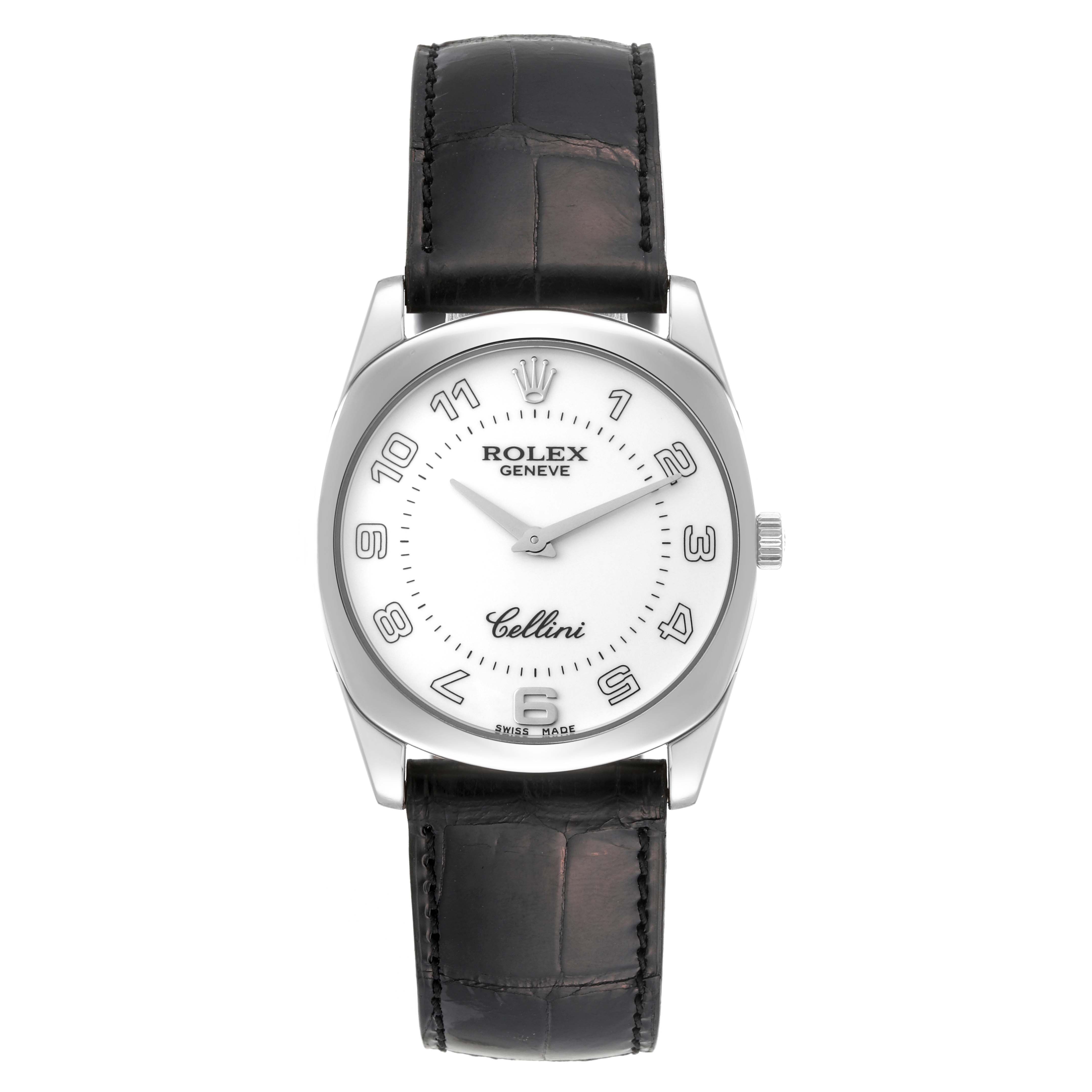 This image shows a frontal view of the Rolex Cellini 4233/9 Men's White Gold White Dial 4233/9 Men's White Gold White Dial watch, highlighting the dial, case, hands, and leather strap.