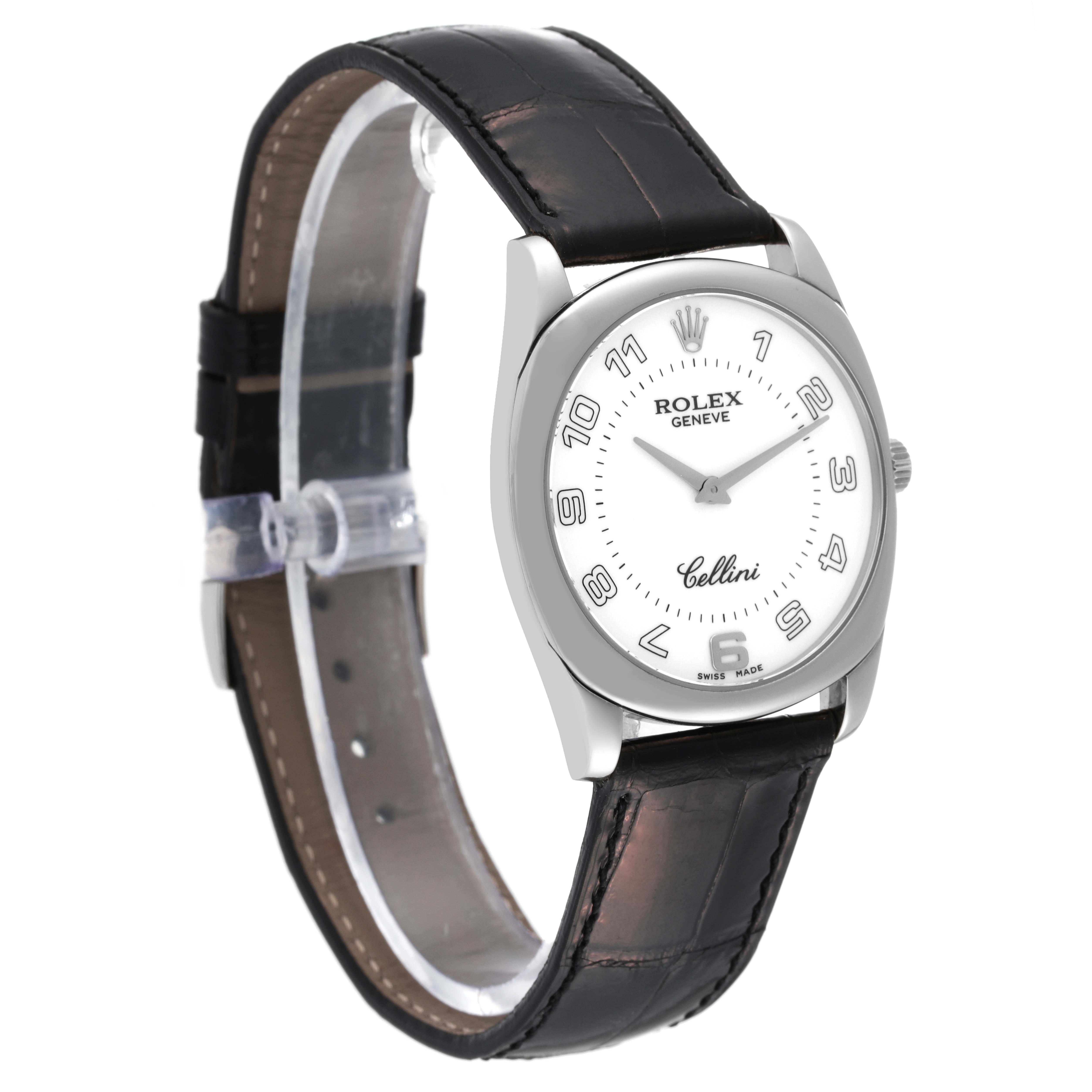 This image shows the Rolex Cellini 4233/9 Men's White Gold White Dial 4233/9 Men's White Gold White Dial watch at a three-quarter angle, highlighting the face, bezel, and leather strap.