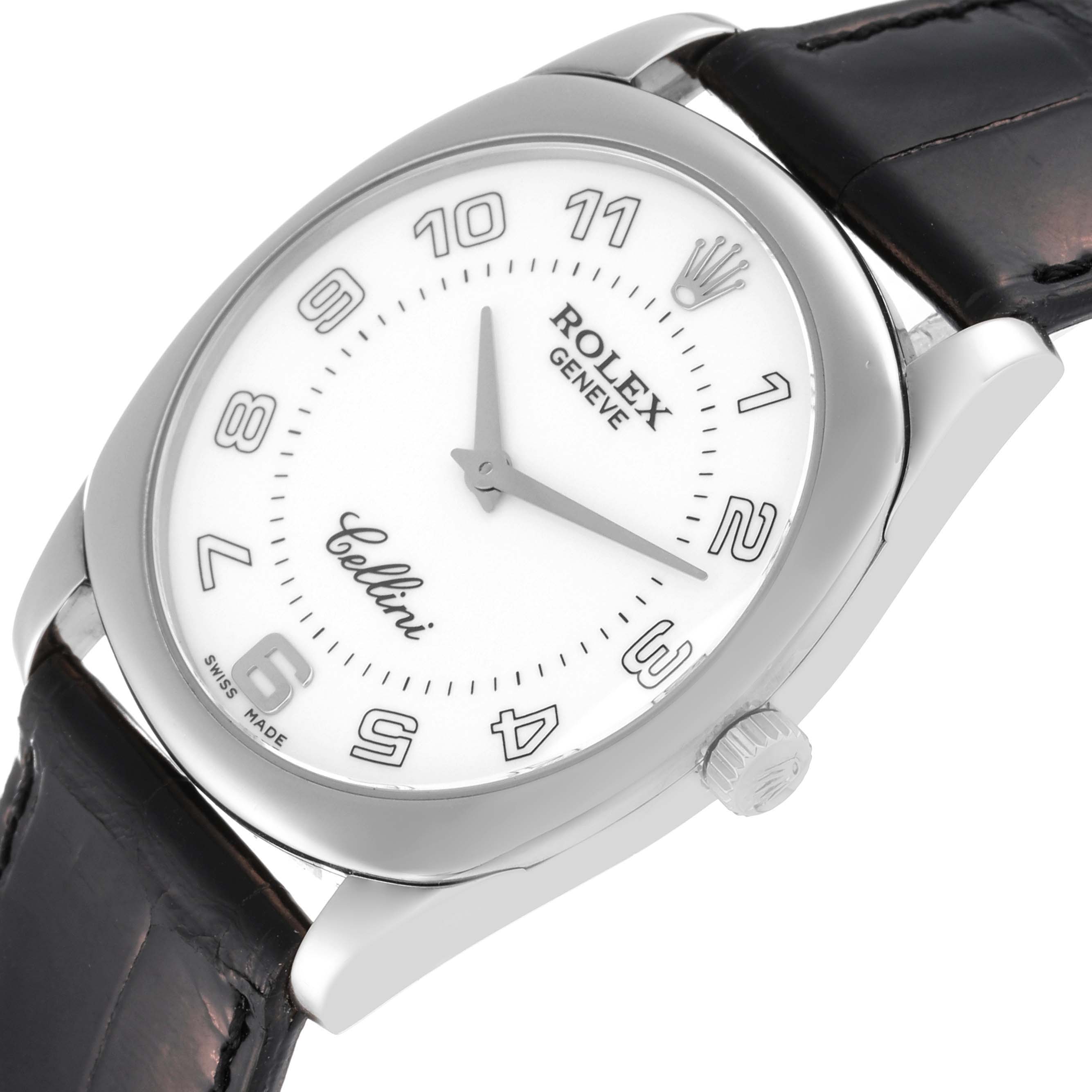 This image shows a Rolex Cellini 4233/9 Men's White Gold White Dial 4233/9 Men's White Gold White Dial watch at an angled top-down view, highlighting the dial, crown, and leather strap.