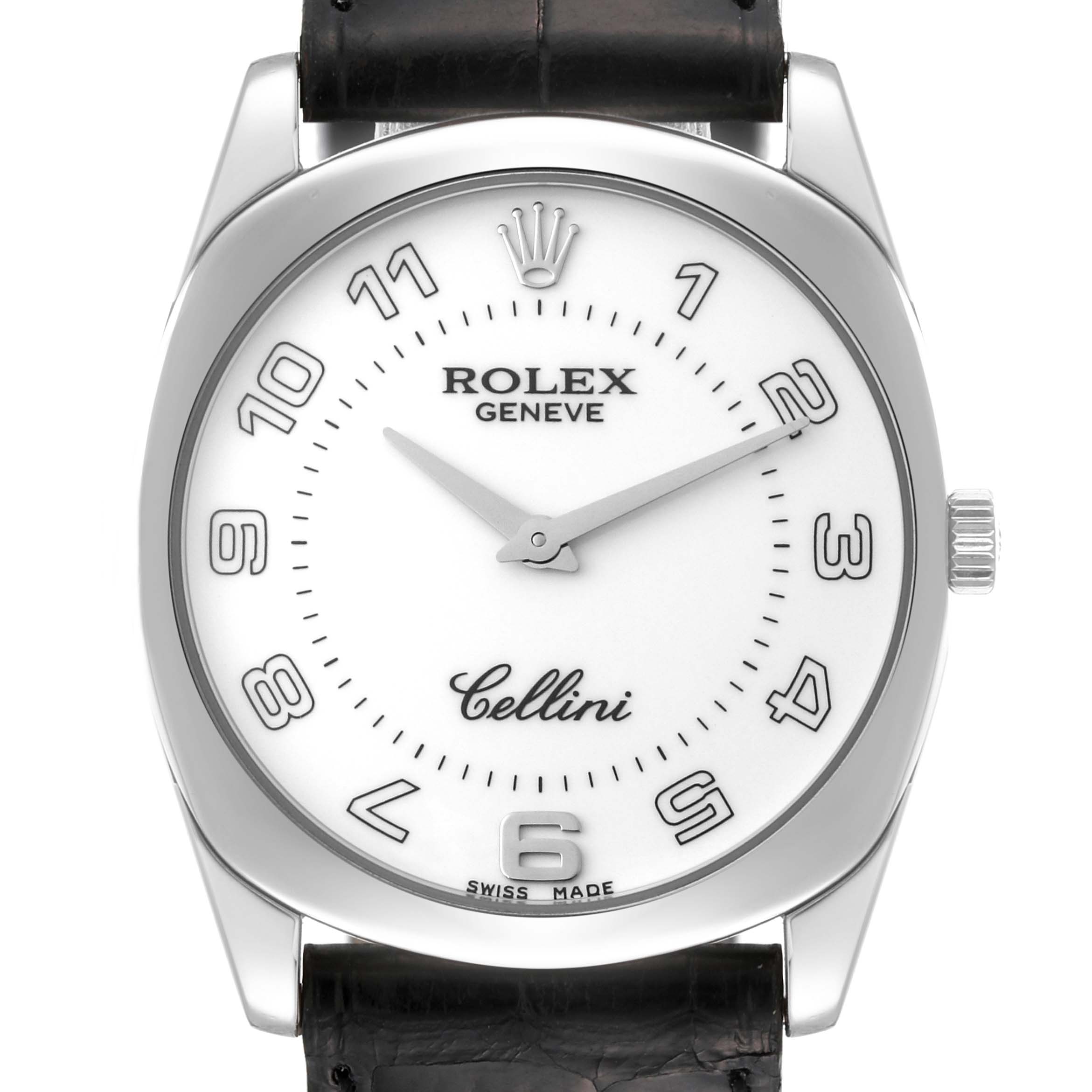 The Rolex Cellini 4233/9 Men's White Gold White Dial 4233/9 Men's White Gold White Dial watch is shown from the front, displaying the dial, numerals, crown, and part of the leather strap.