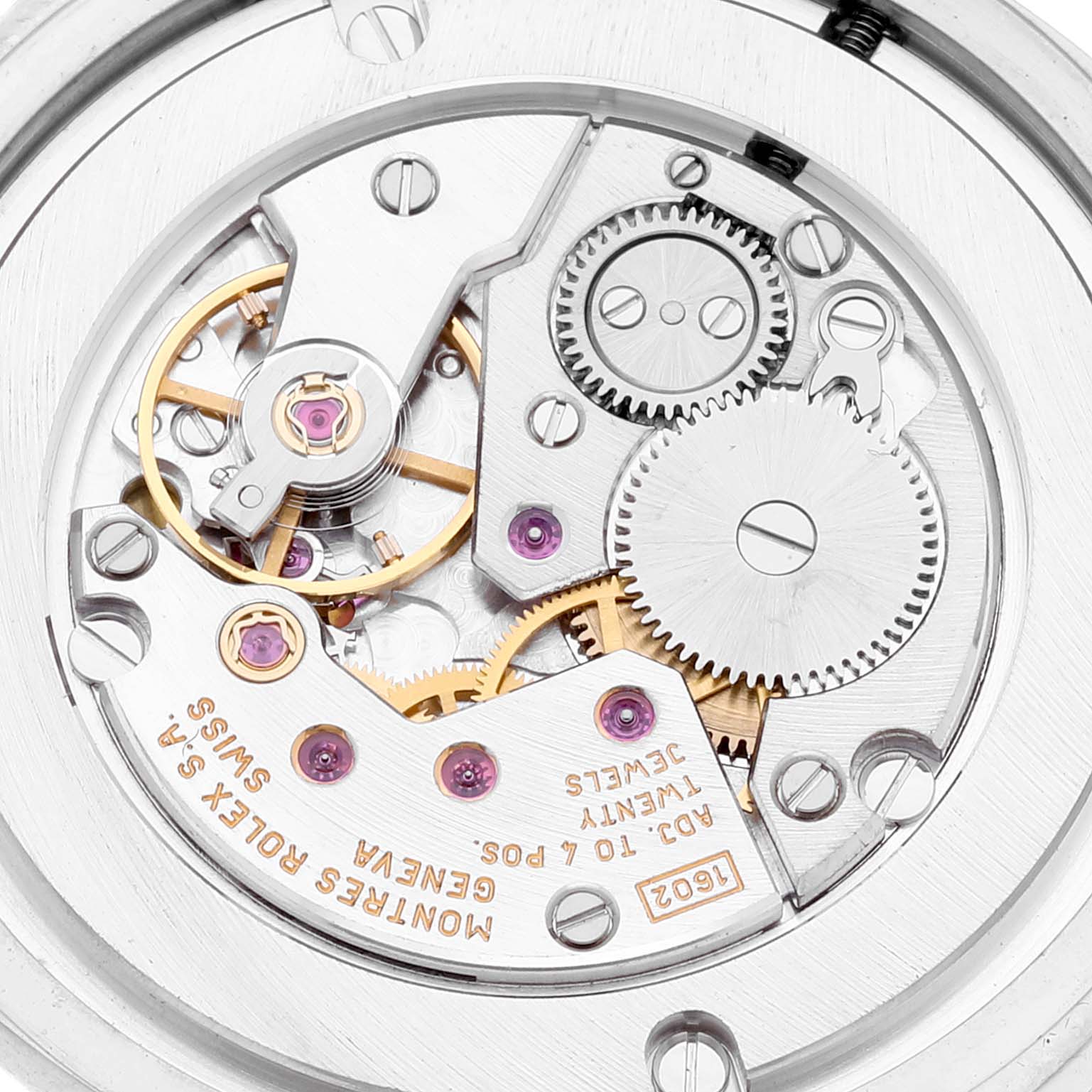The image shows a close-up of the mechanical movement inside a Rolex Cellini 4233/9 Men's White Gold White Dial 4233/9 Men's White Gold White Dial watch.