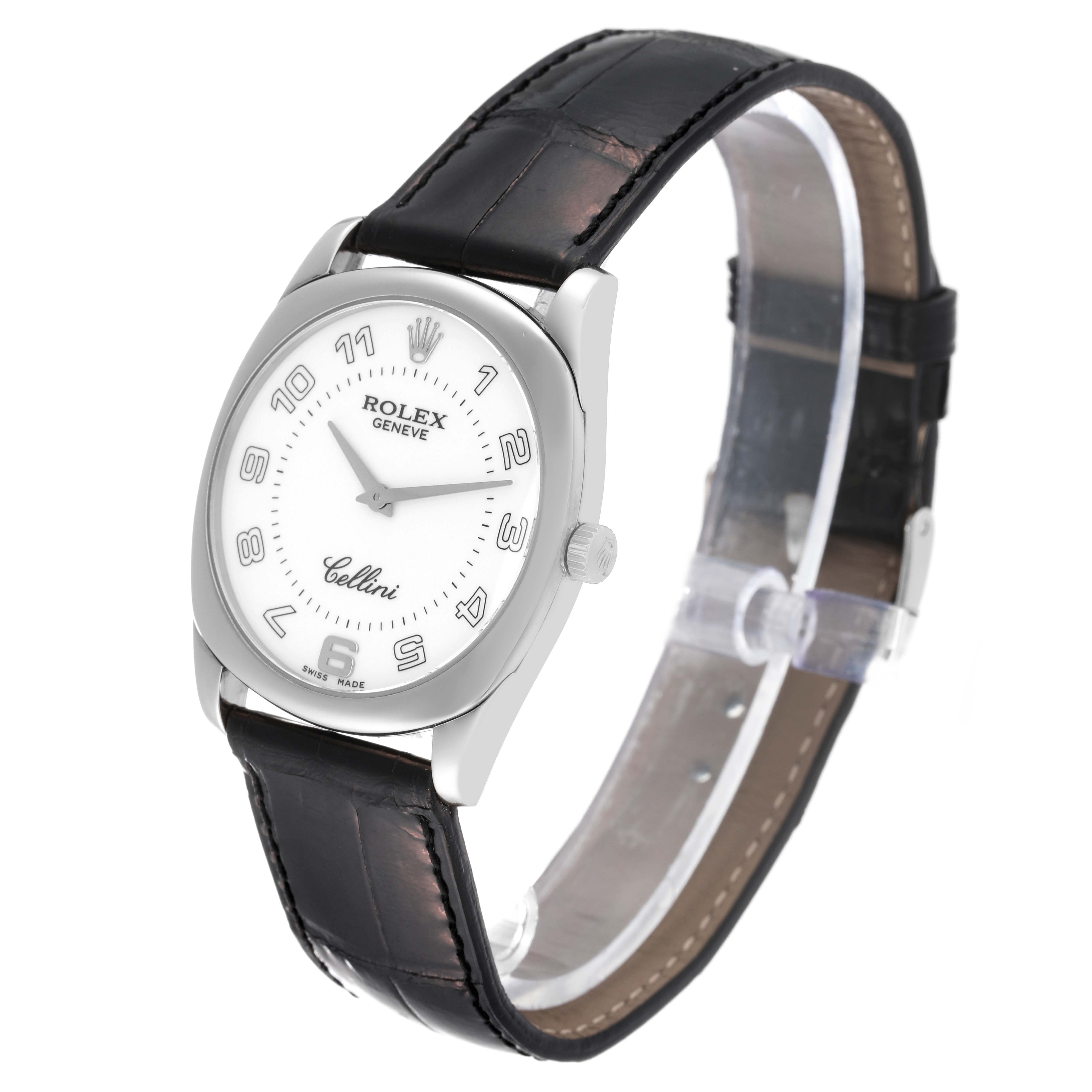 The Rolex Cellini 4233/9 Men's White Gold White Dial 4233/9 Men's White Gold White Dial watch is shown at an angled front view, showcasing its face, casing, and black leather strap.