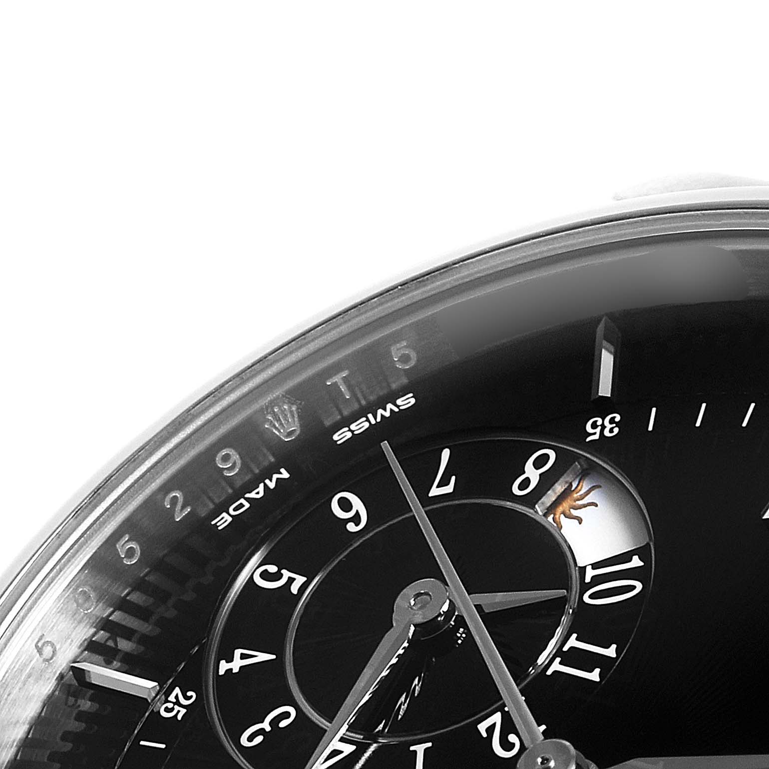 This is a close-up of the Rolex Cellini 50529 Men's White Gold Black Dial 50529 Men's White Gold Black Dial watch's face, showing its hands, numbers, and part of the minute markers.