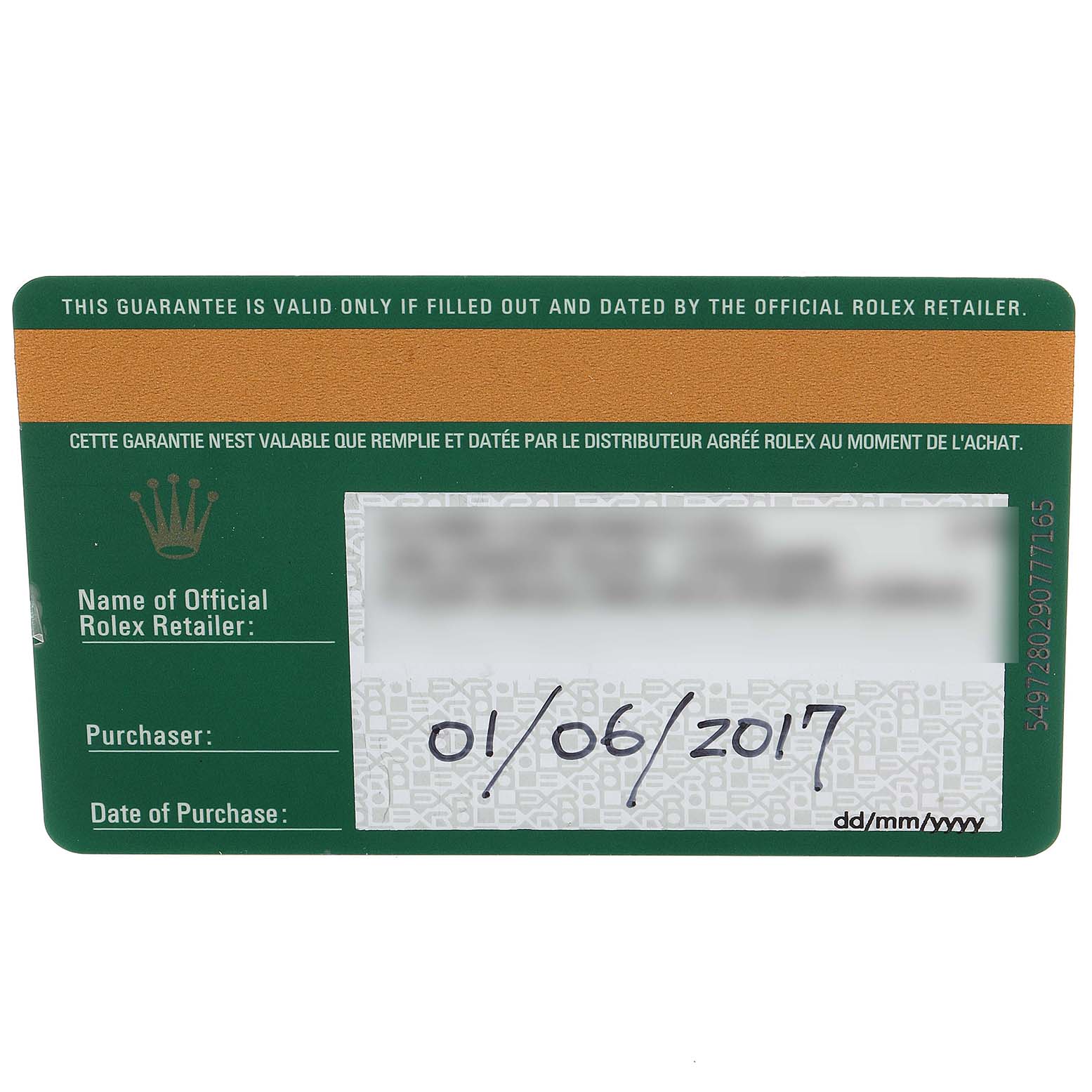 This image shows the official Rolex warranty card for a Cellini model, indicating the purchase details.
