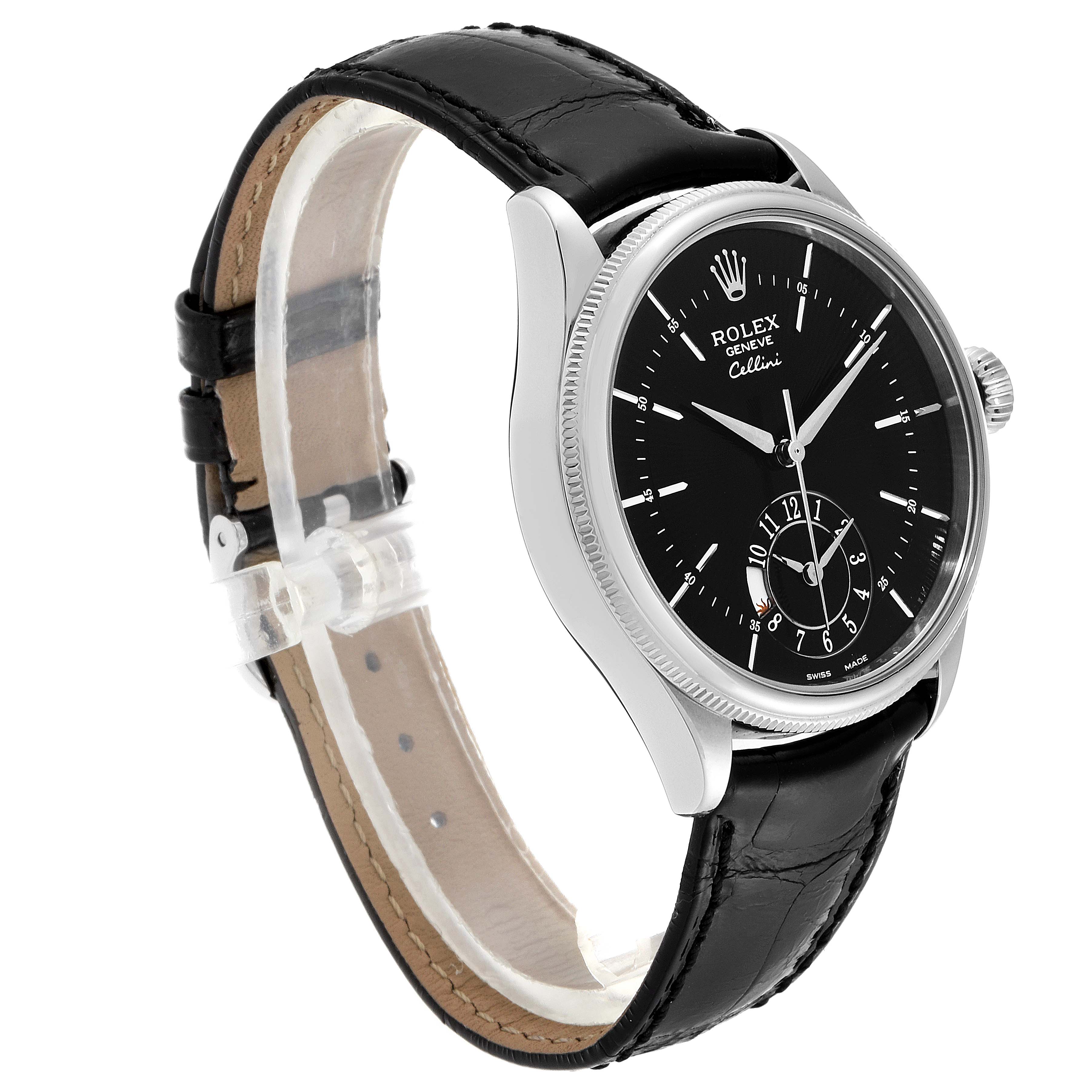 This Rolex Cellini 50529 Men's White Gold Black Dial 50529 Men's White Gold Black Dial watch is shown at a slight angle highlighting the black dial, leather strap, and silver case.