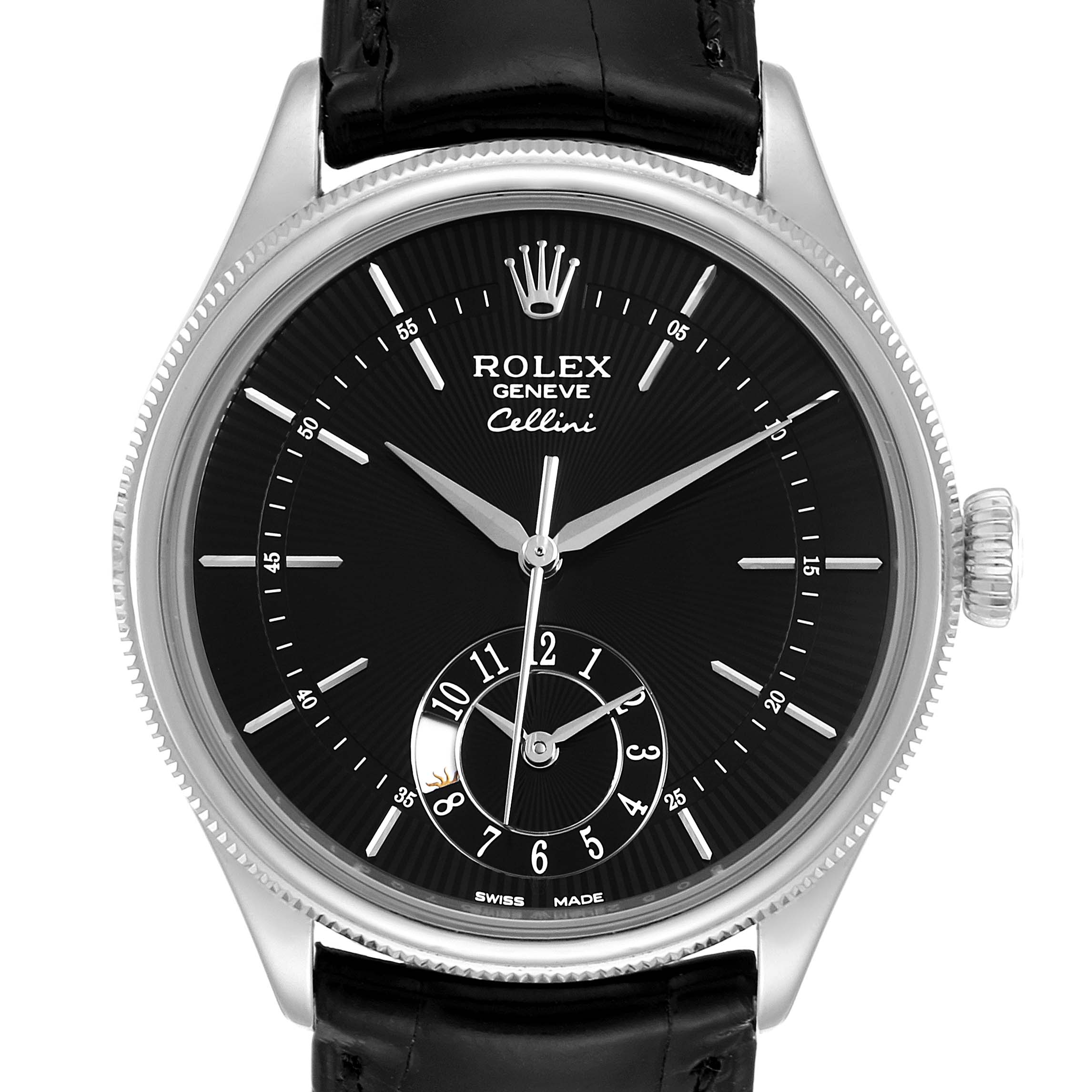 The image shows a frontal view of the Rolex Cellini 50529 Men's White Gold Black Dial 50529 Men's White Gold Black Dial watch, displaying its black dial, hour markers, hands, and leather strap.