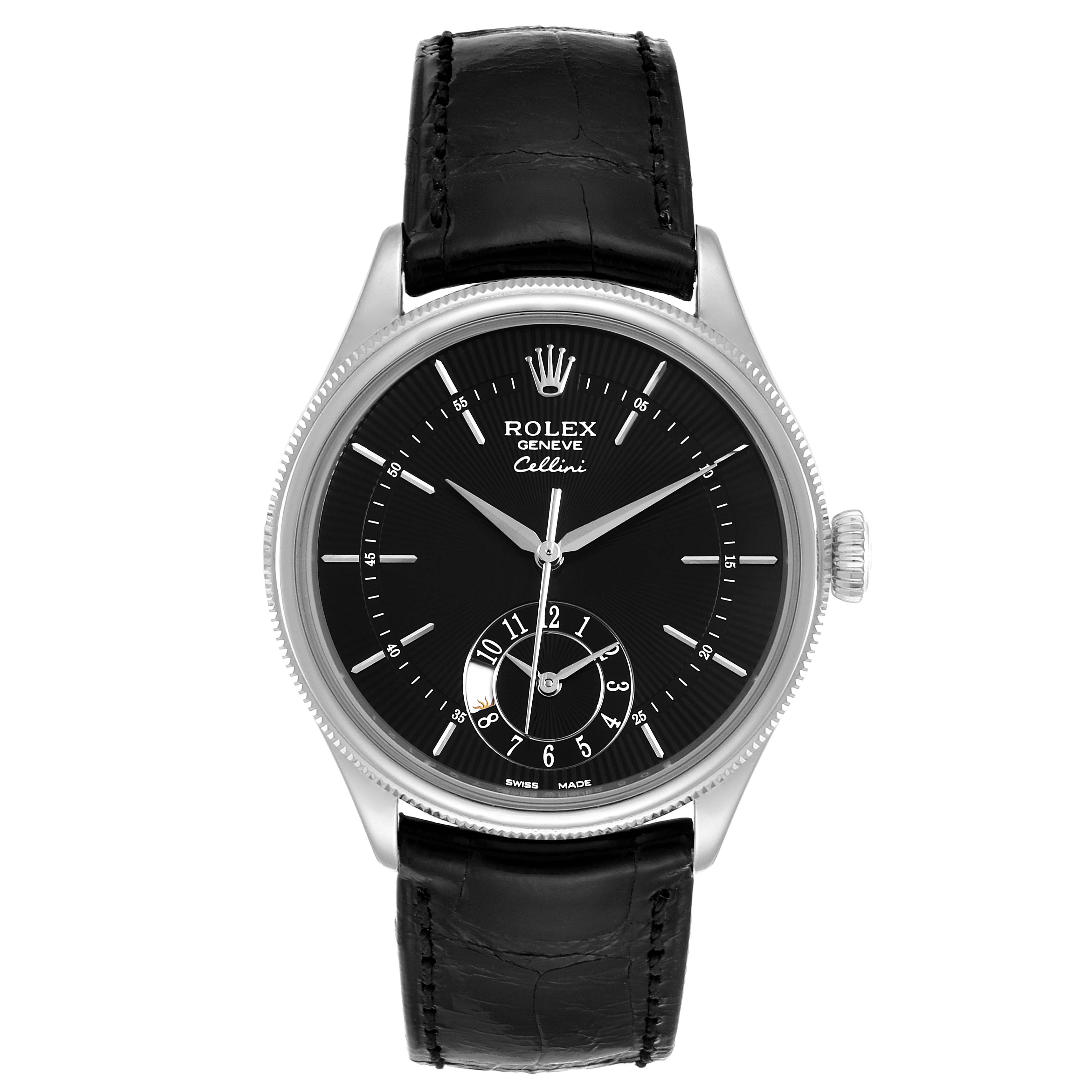 This Rolex Cellini 50529 Men's White Gold Black Dial 50529 Men's White Gold Black Dial model watch is shown from a frontal angle featuring its black dial and leather strap.