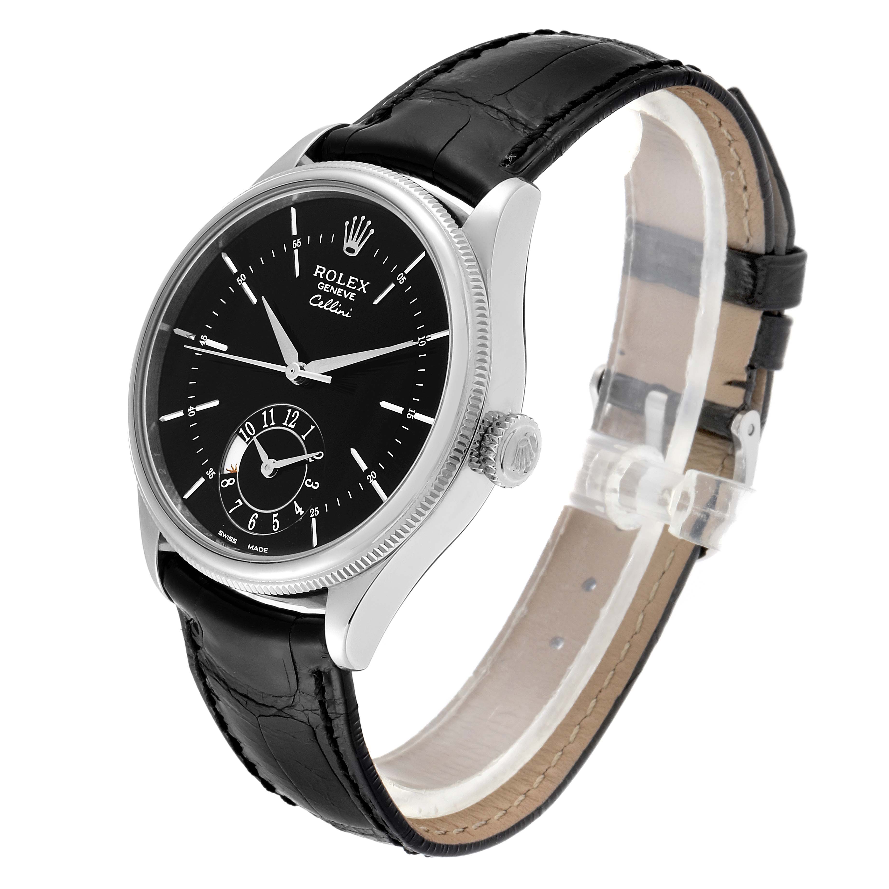 The Rolex Cellini 50529 Men's White Gold Black Dial 50529 Men's White Gold Black Dial watch is shown at an angle displaying the face, crown, and leather strap.