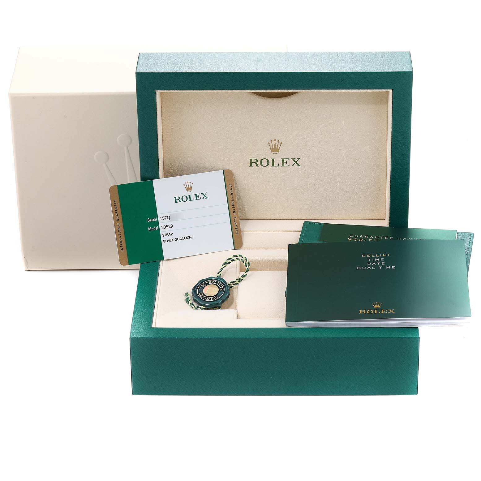 The image shows the packaging accessories for a Rolex Cellini 50529 Men's White Gold Black Dial 50529 Men's White Gold Black Dial watch including the box, manuals, tags, and warranty card.