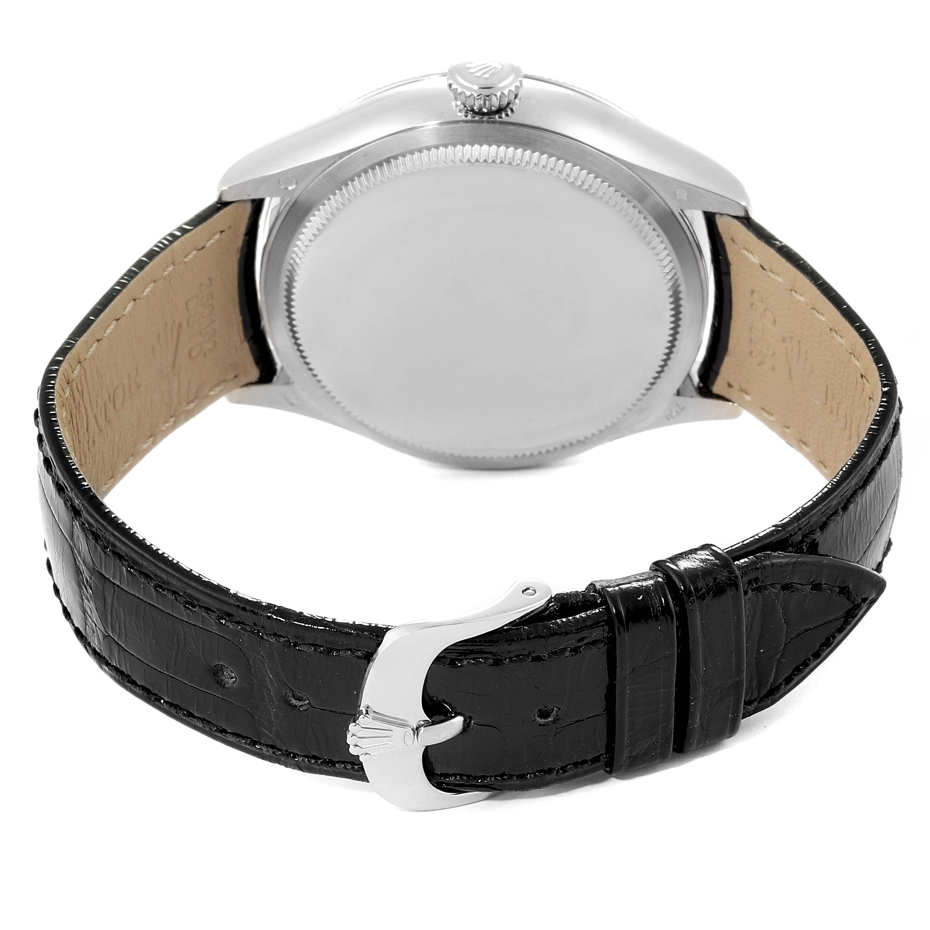 This image shows the back view of a Rolex Cellini 50529 Men's White Gold Black Dial 50529 Men's White Gold Black Dial watch, focusing on the caseback and black leather strap with the clasp.