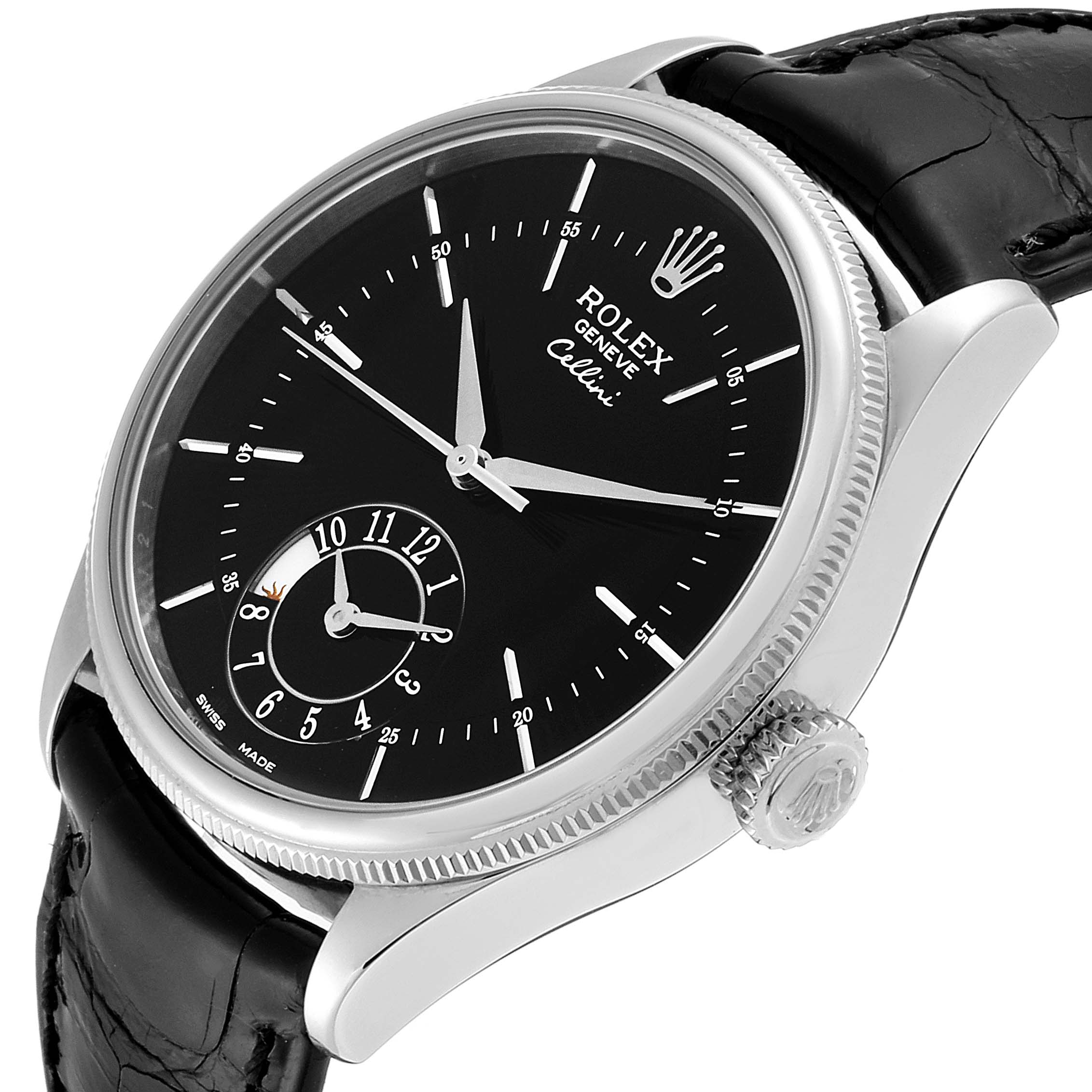 This photo shows a front-side angle of the Rolex Cellini 50529 Men's White Gold Black Dial 50529 Men's White Gold Black Dial watch, highlighting the dial, case, crown, and leather strap.