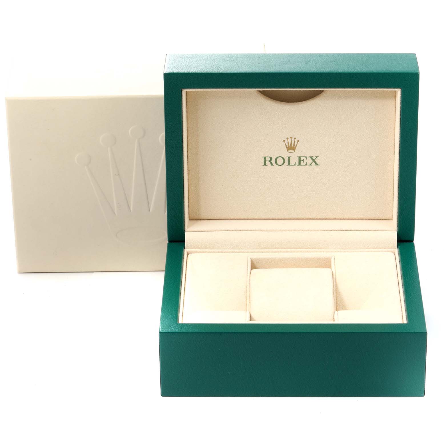 The image shows an empty Rolex Date 115200 Men's Stainless Steel Silver Dial 115200 Men's Stainless Steel Silver Dial model watch box with its lid open, displaying the interior and the external sleeve.