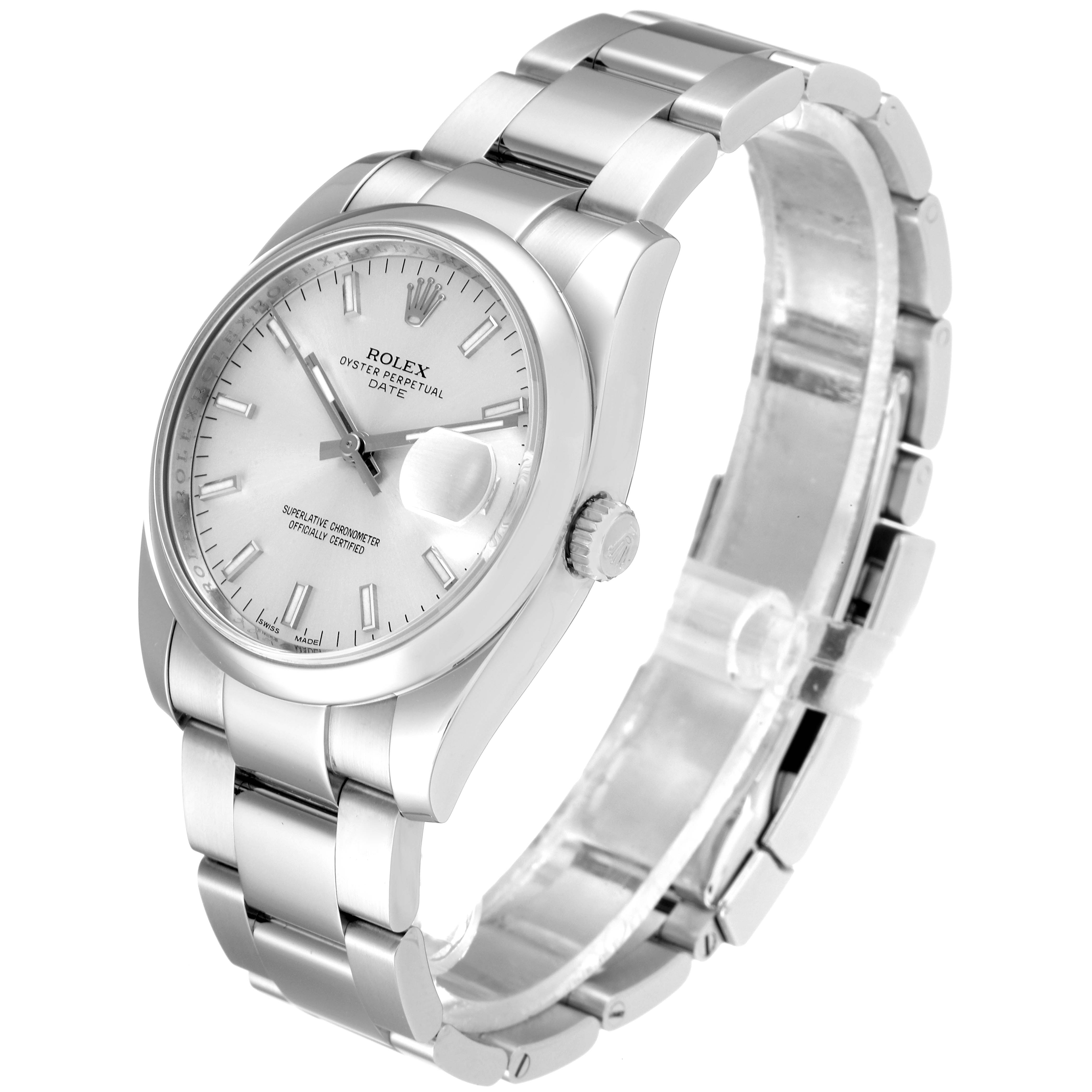This is a Rolex Oyster Perpetual Date watch shown at an angled front view, highlighting its dial, bracelet, and crown.