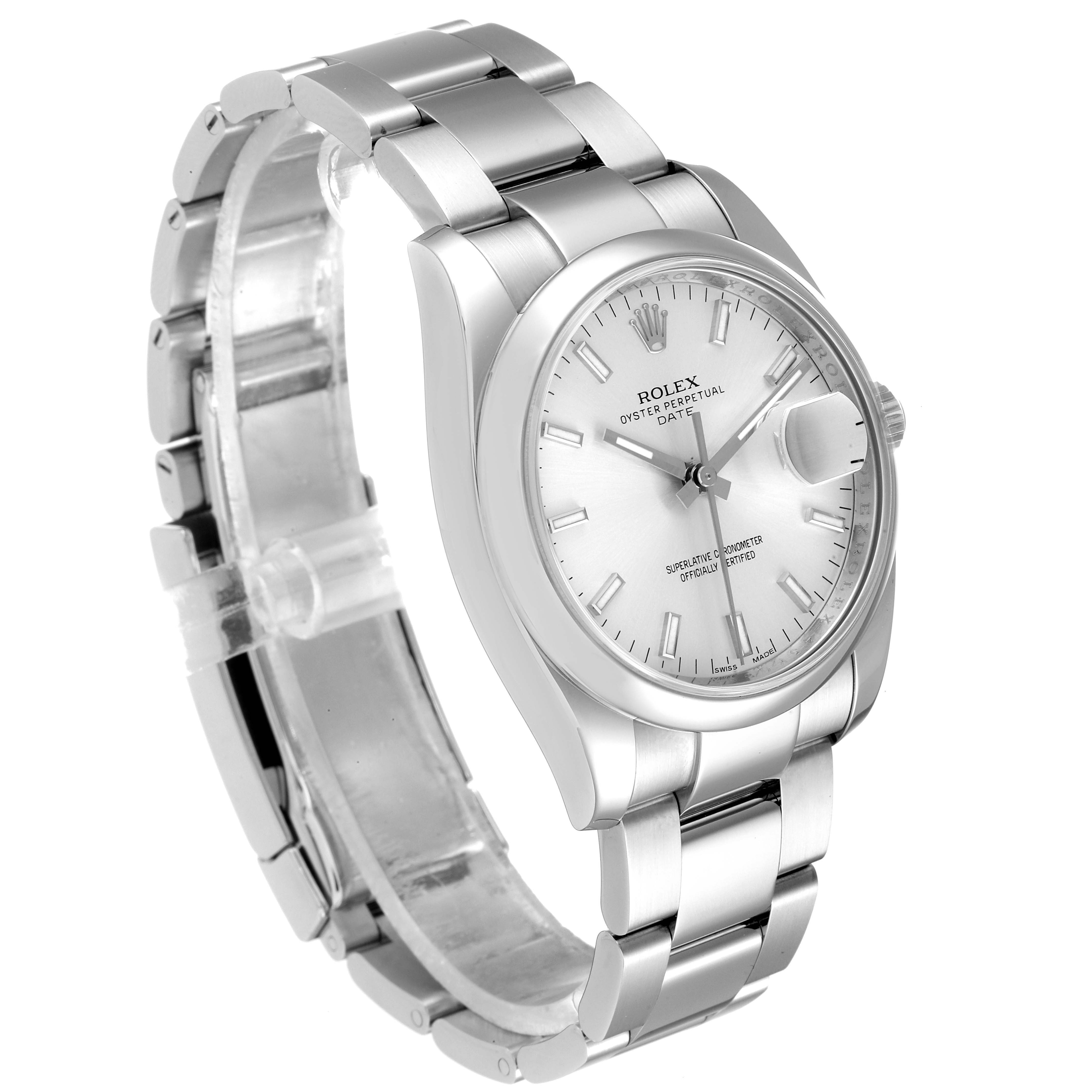 The Rolex Date 115200 Men's Stainless Steel Silver Dial 115200 Men's Stainless Steel Silver Dial model watch is shown from a slightly angled front view, displaying the dial, bracele,t and part of the clasp.