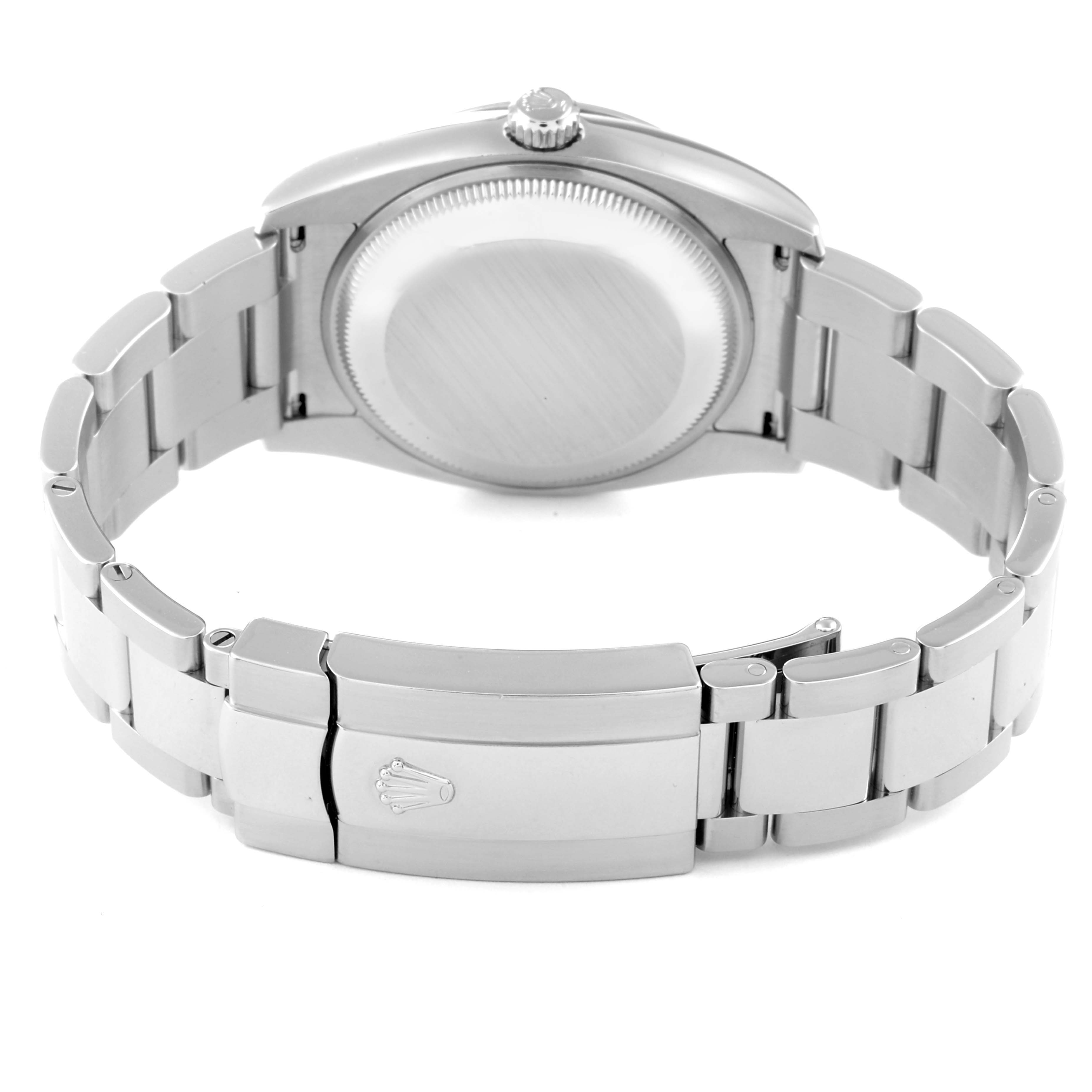 The image shows the back and bracelet of a Rolex Date 115200 Men's Stainless Steel Silver Dial 115200 Men's Stainless Steel Silver Dial model, showcasing the clasp and case back.