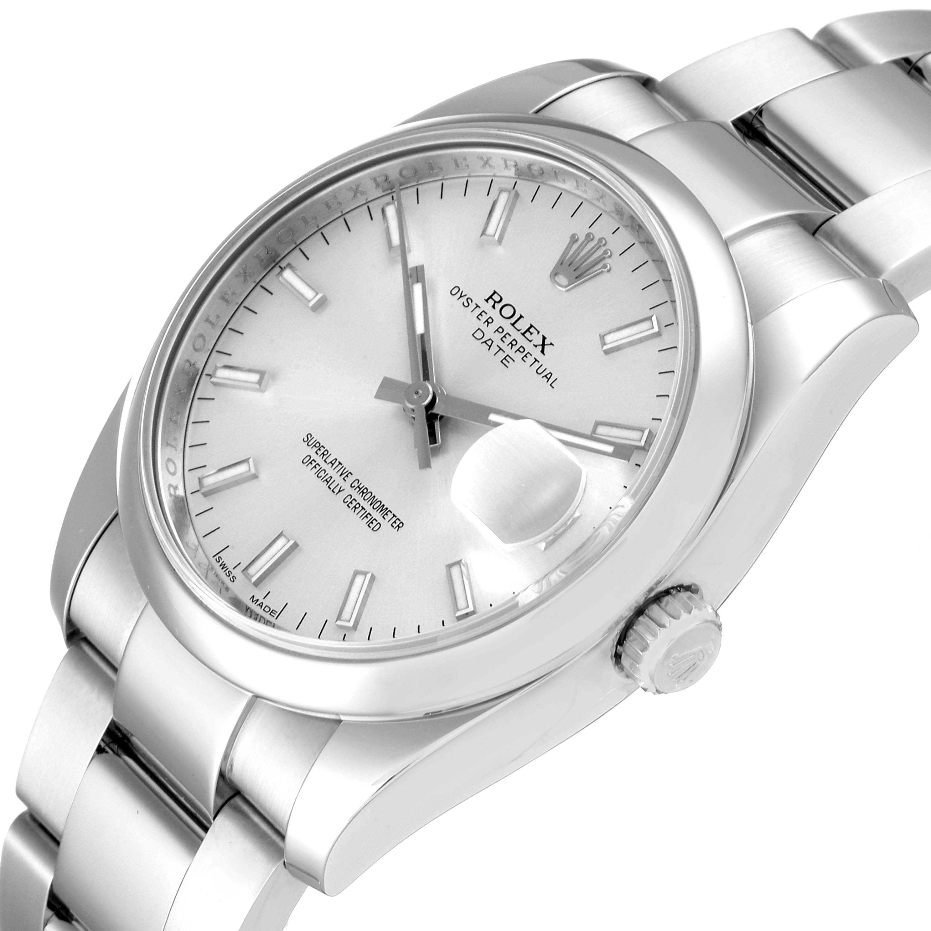 The image shows a Rolex Date 115200 Men's Stainless Steel Silver Dial 115200 Men's Stainless Steel Silver Dial model watch, featuring the dial, case, crown, and part of the bracelet at a slight angle.