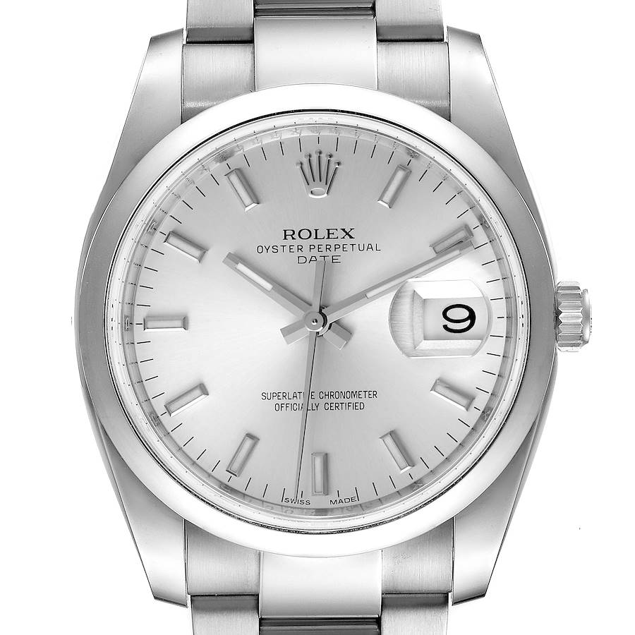 Rolex Date 34 Silver Baton Dial Stainless Steel Mens Watch 115200 SwissWatchExpo