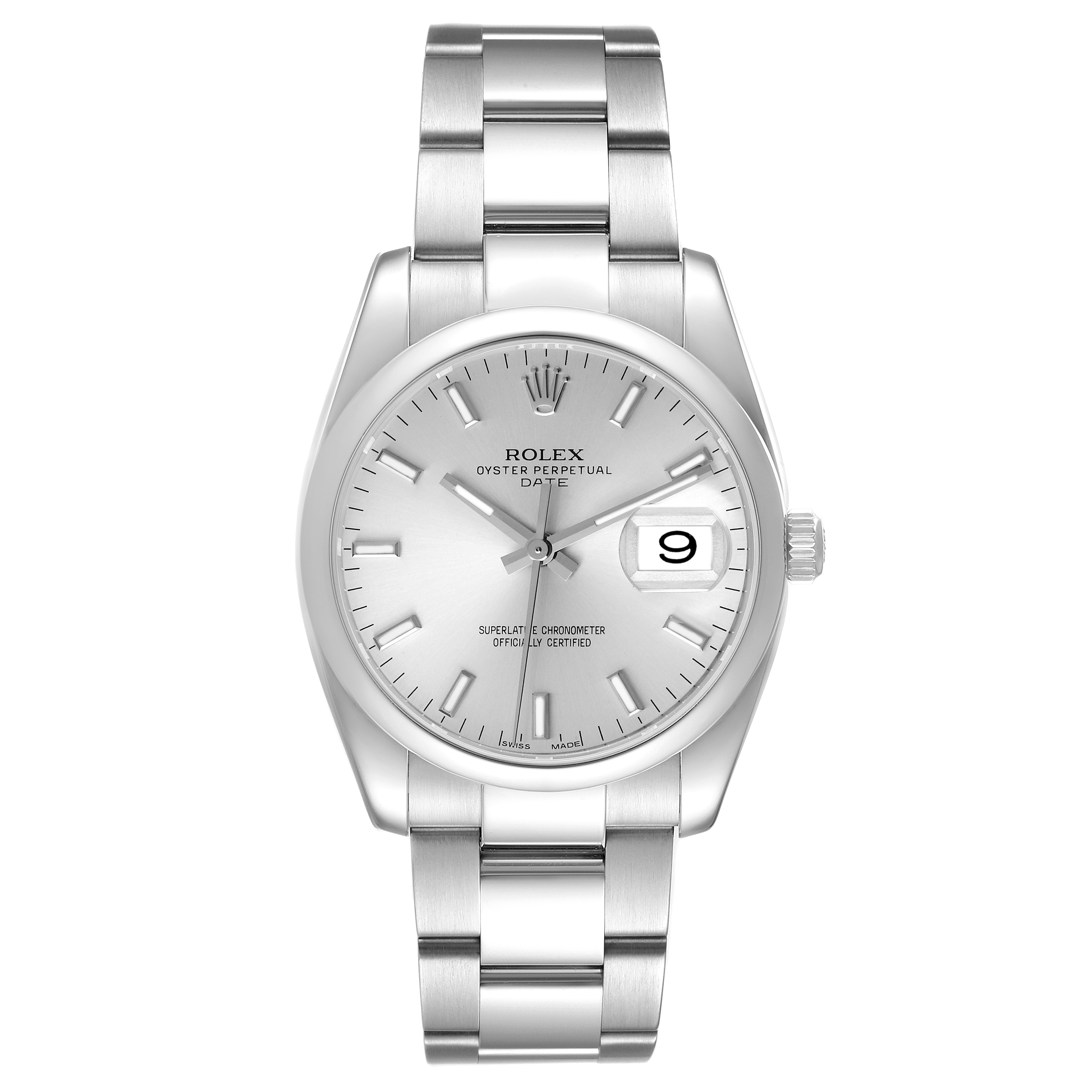 This image shows a Rolex Date 115200 Men's Stainless Steel Silver Dial 115200 Men's Stainless Steel Silver Dial model watch with a silver dial, Oyster bracelet, and Cyclops lens over the date, viewed from the front.
