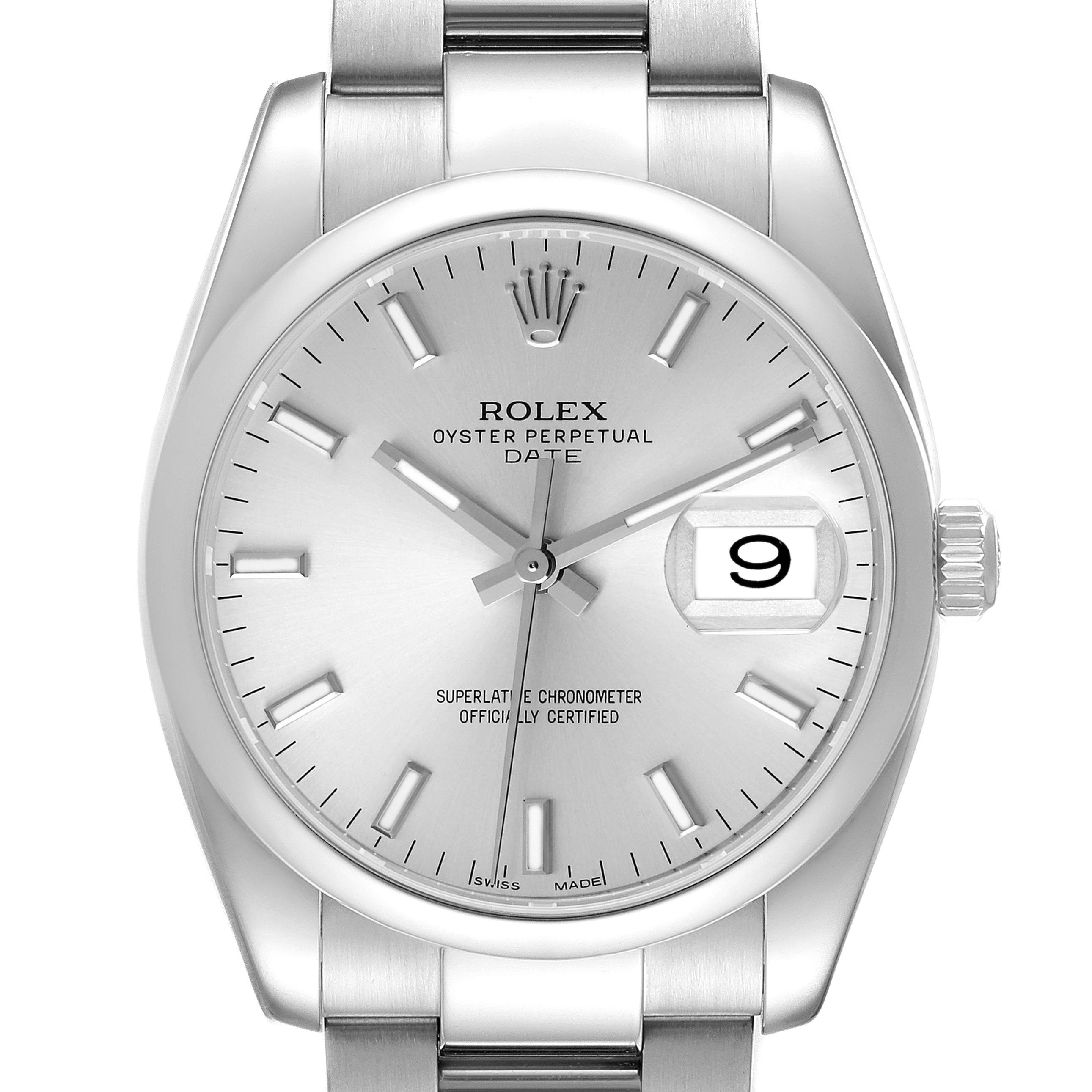 This image shows a front view of the dial and bracelet of a Rolex Date 115200 Men's Stainless Steel Silver Dial 115200 Men's Stainless Steel Silver Dial model watch.