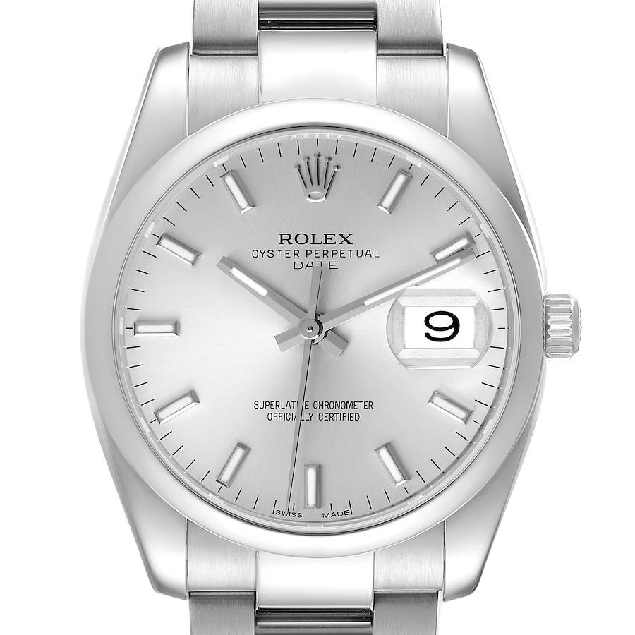 This image shows a front view of the dial and bracelet of a Rolex Date model watch.