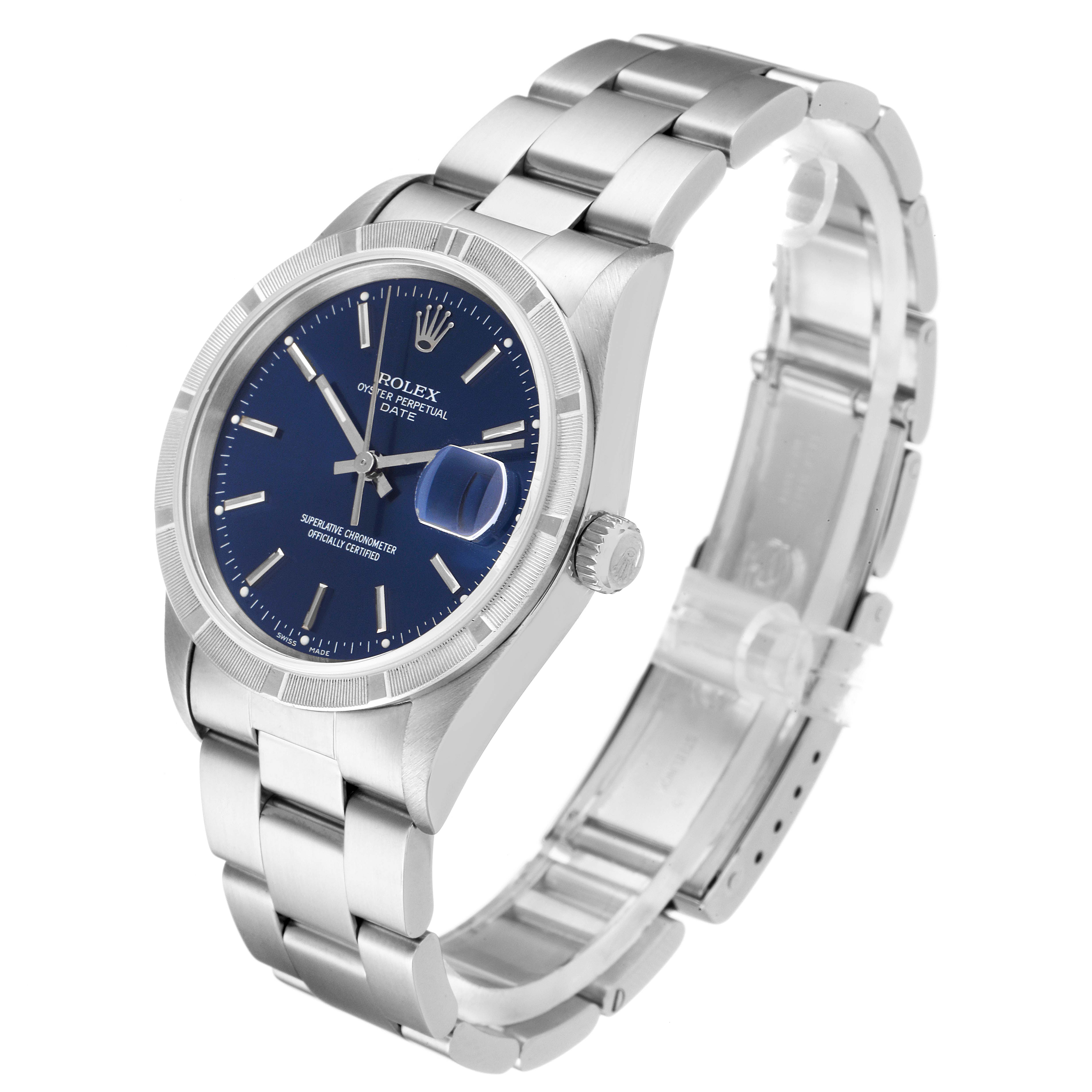 The image shows a Rolex Date 15210 Men's Stainless Steel Blue Dial 15210 Men's Stainless Steel Blue Dial model watch at a slight angle, displaying its face, bezel, crown, and metal bracelet.