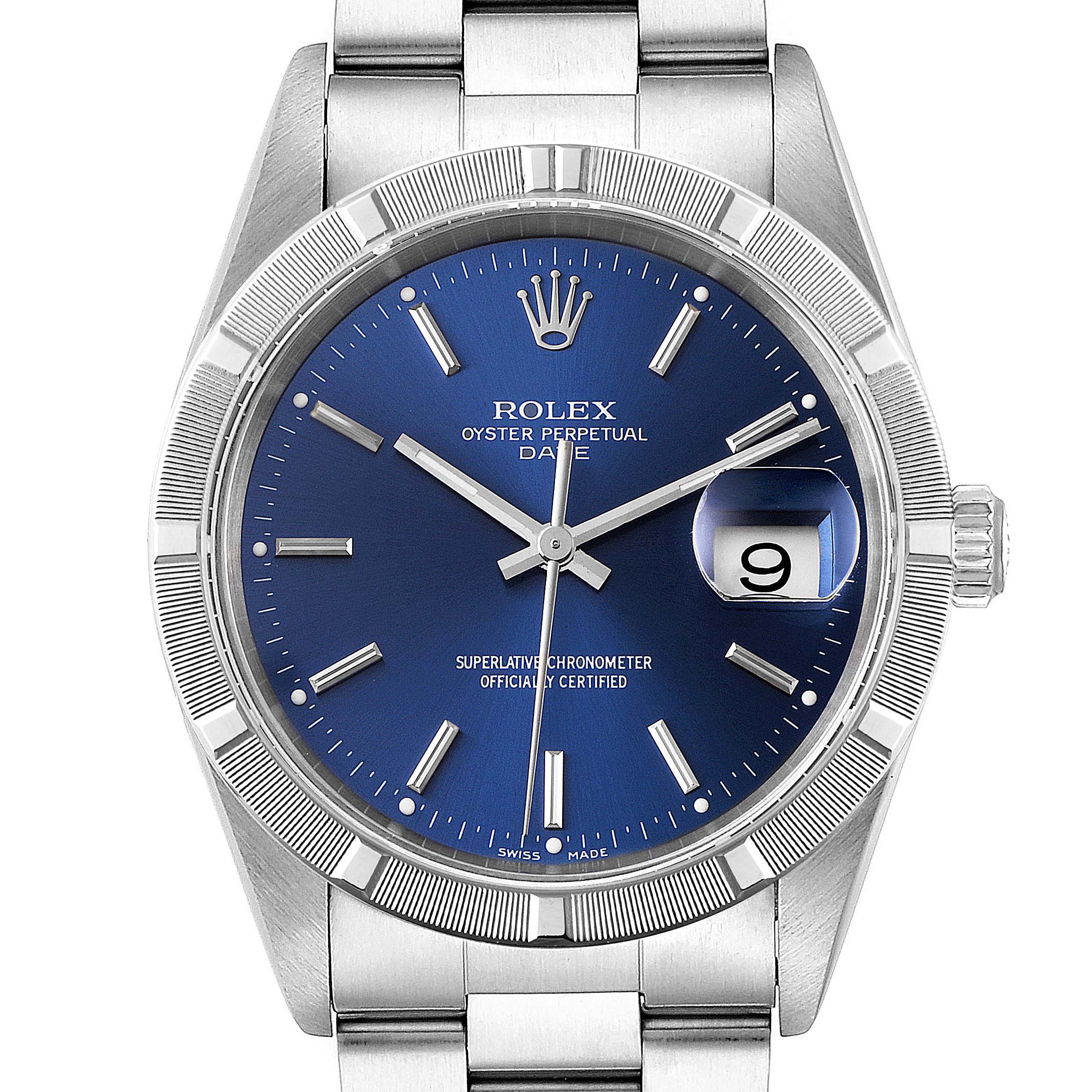 The Rolex Date 15210 Men's Stainless Steel Blue Dial 15210 Men's Stainless Steel Blue Dial model watch is shown from a front angle, highlighting the face, bezel, crown, and part of the bracelet.