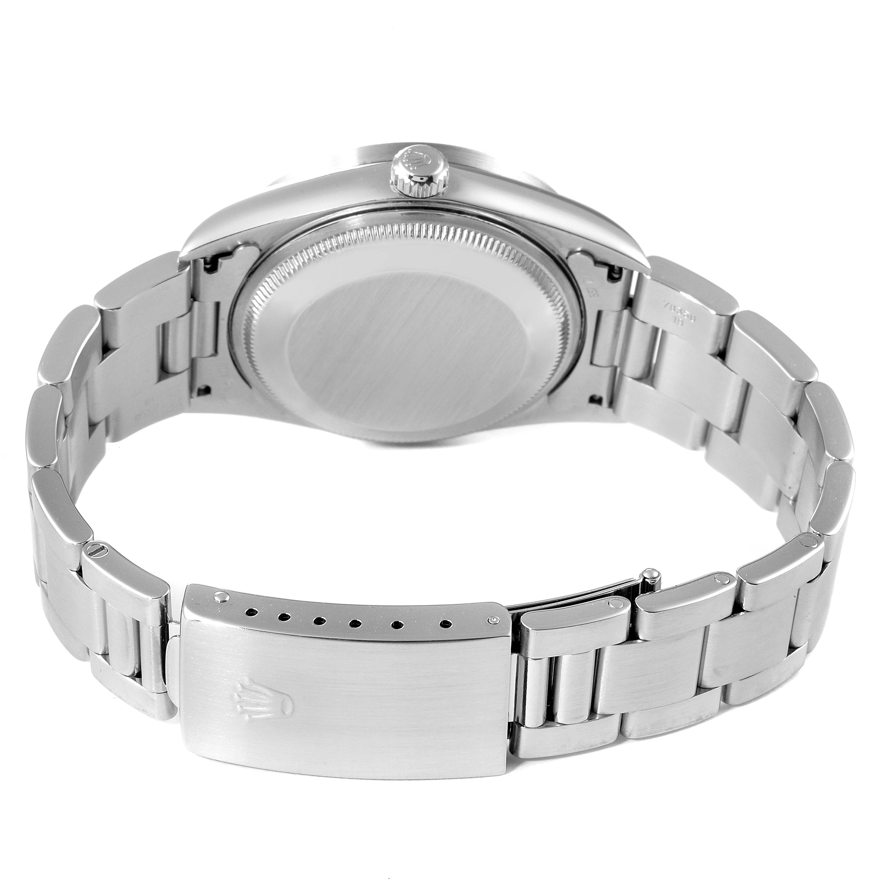 The image shows the back and clasp of a Rolex Date 15210 Men's Stainless Steel Blue Dial 15210 Men's Stainless Steel Blue Dial model watch from a rear angle.