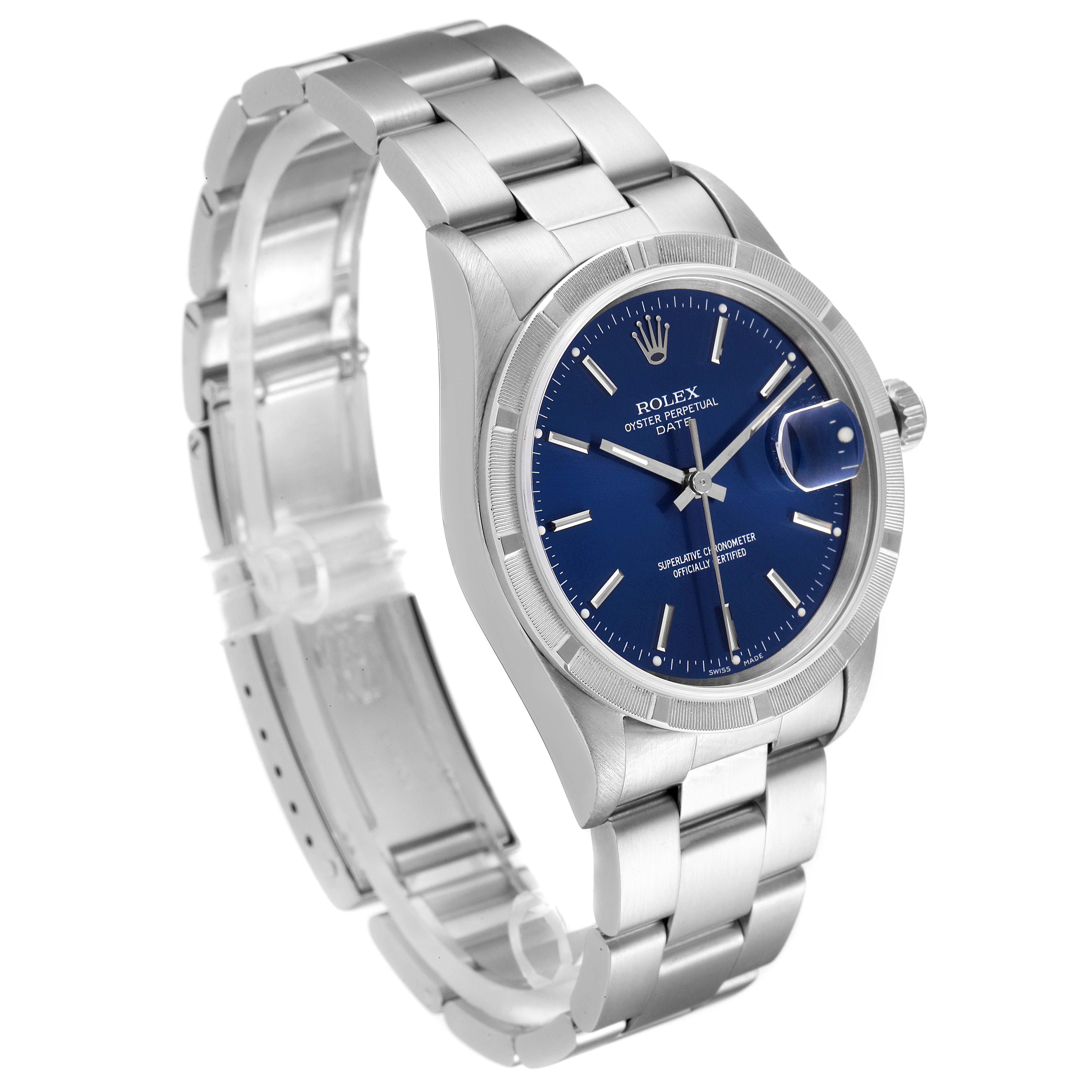 This Rolex Date 15210 Men's Stainless Steel Blue Dial 15210 Men's Stainless Steel Blue Dial model watch is shown at a front-left angle, highlighting the blue dial and stainless steel bracelet.