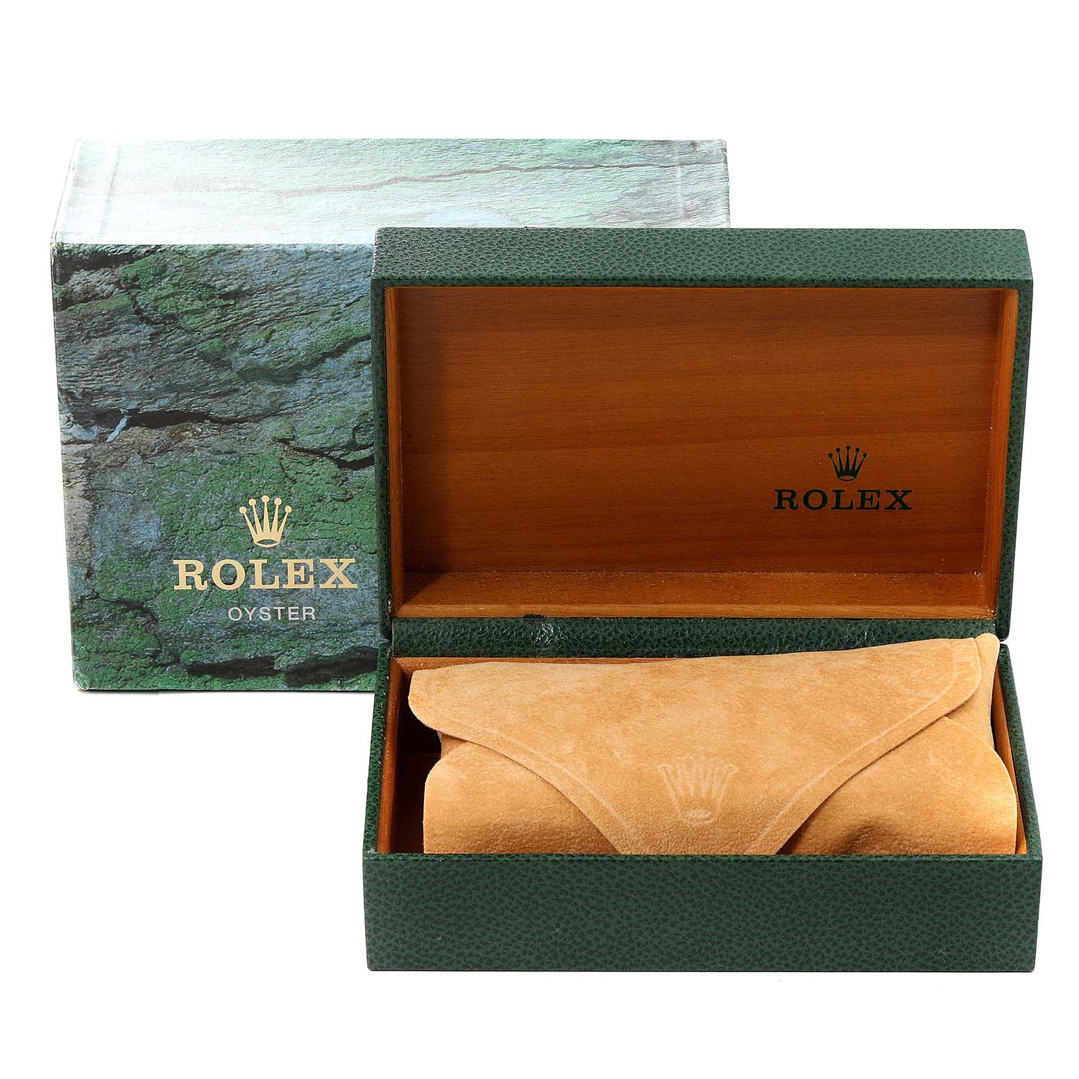 The image shows a Rolex Date 15210 Men's Stainless Steel Blue Dial 15210 Men's Stainless Steel Blue Dial model watch box and a suede pouch inside the open green box.